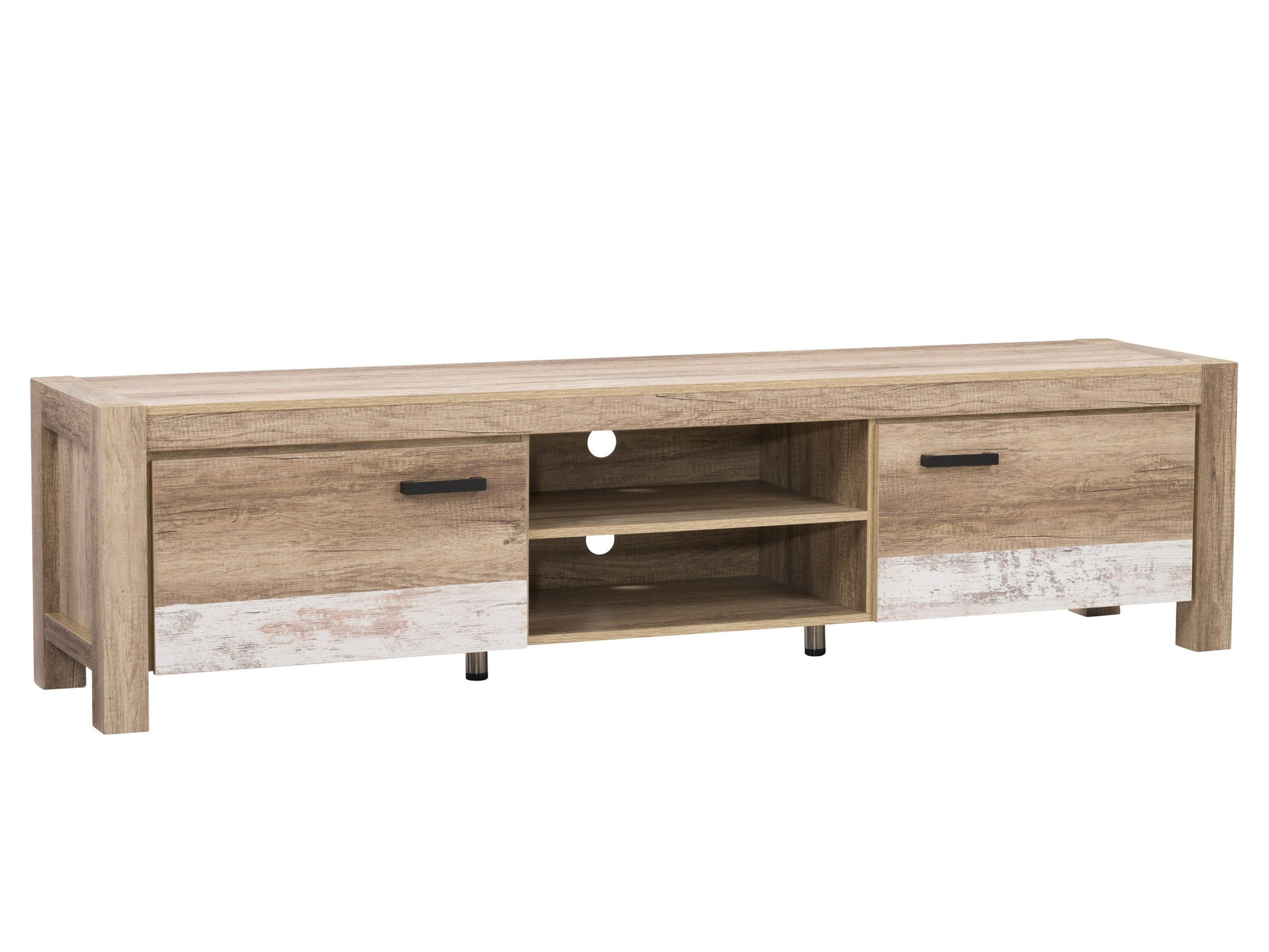 Modern TV stand with doors for TVs up to 95 inches, featuring a sleek black finish, sturdy wooden construction, minimalist design, and ample storage space with closed compartments and open shelves.