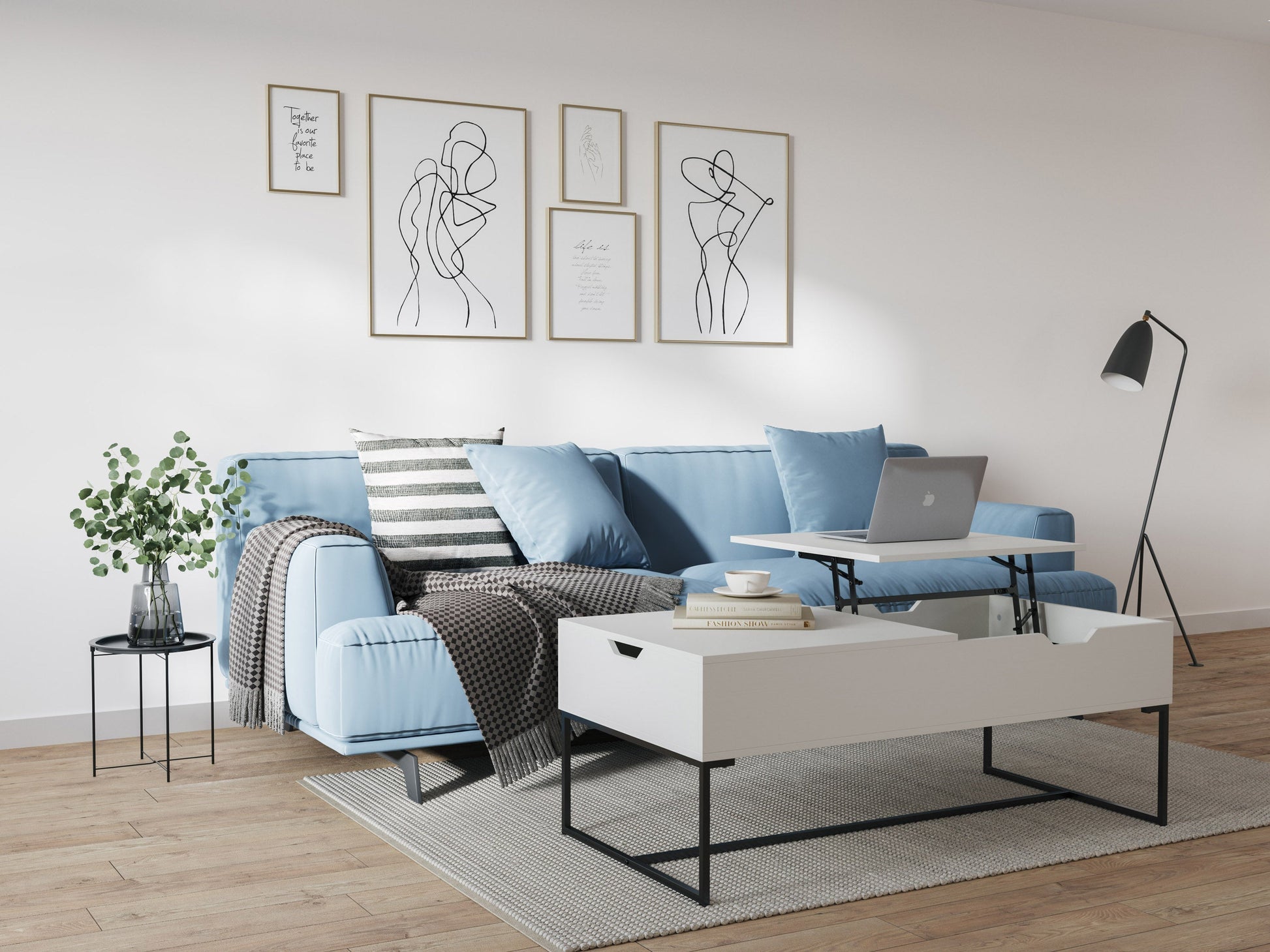 White lift top coffee table with a sleek design, featuring a smooth white finish, hidden storage compartment, and sturdy metal legs. Ideal for modern living rooms, it offers functionality and contemporary style.
