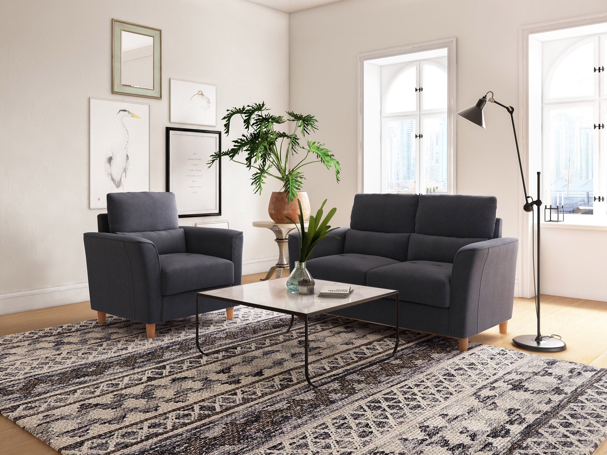 Modern 2-piece sofa set with a 2-seater loveseat and chair in light gray fabric, featuring wooden legs and tufted cushions, ideal for contemporary living rooms.