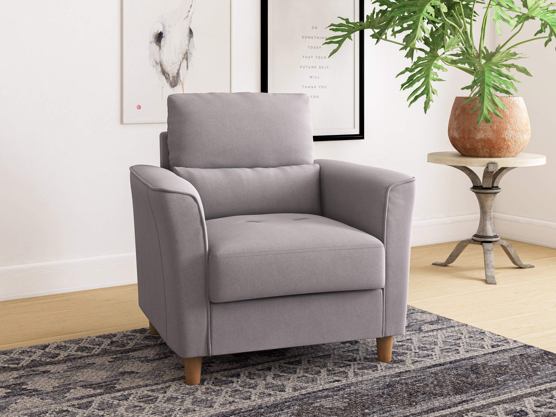 Modern arm chair with sleek wooden frame, beige upholstered cushions, and mid-century design, placed in a minimalist living room with a light grey rug and a potted plant.