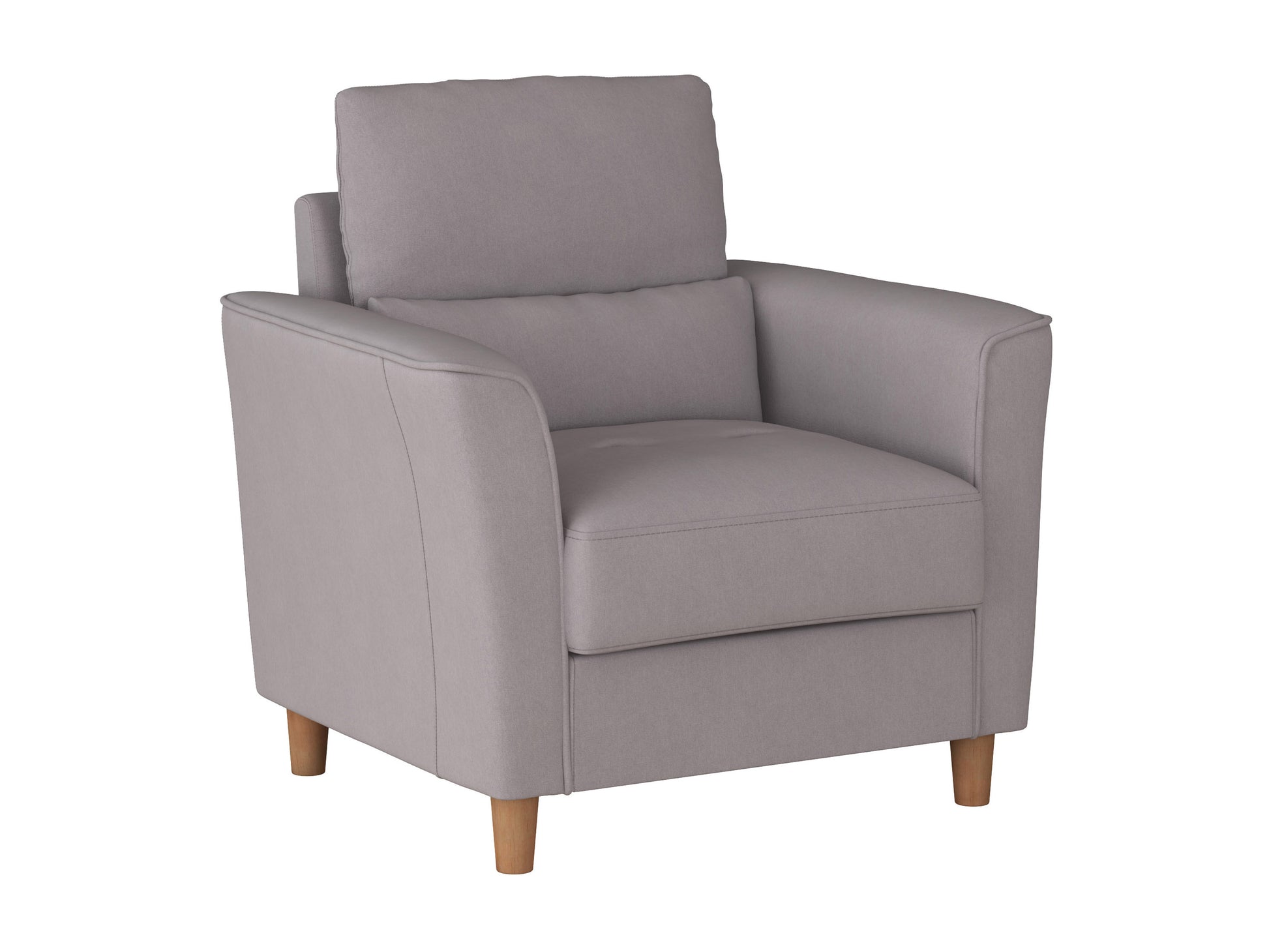 Modern armchair with sleek wooden legs, upholstered in light gray fabric, featuring a comfortable, padded seat and backrest with subtle button-tufted details, perfect for contemporary living rooms or offices.