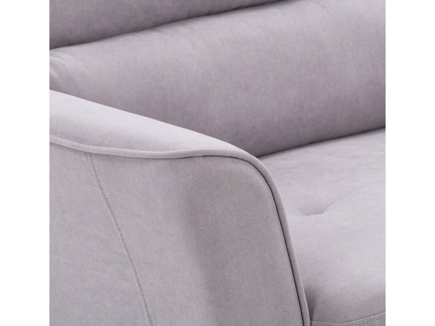 Modern arm chair in light gray upholstery with plush cushions, wide seat, and sleek wooden legs. Perfect for living room comfort and style.