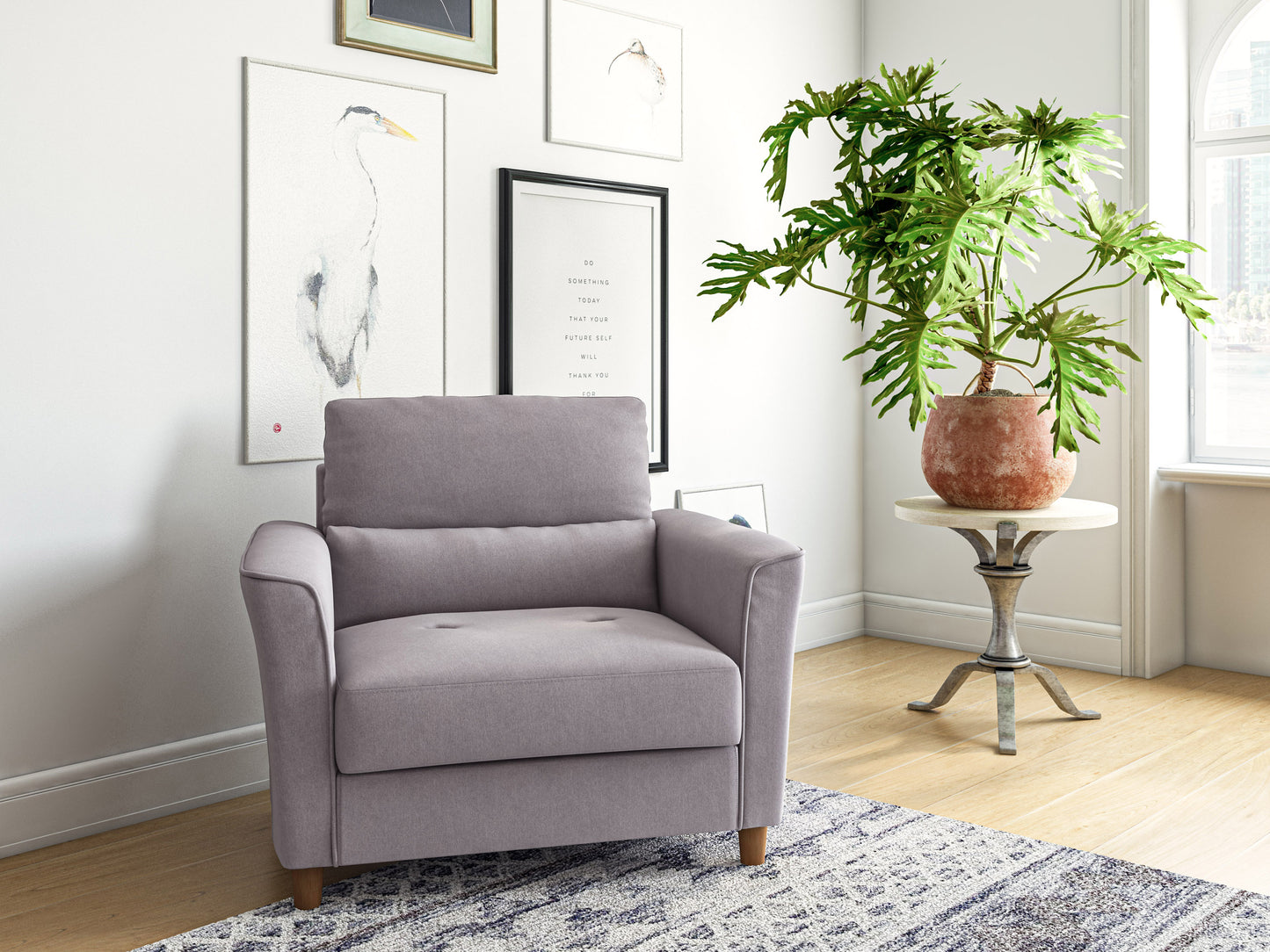 Modern armchair with grey fabric upholstery, plush cushioning, and sleek black metal legs, perfect for a contemporary living room or office space.