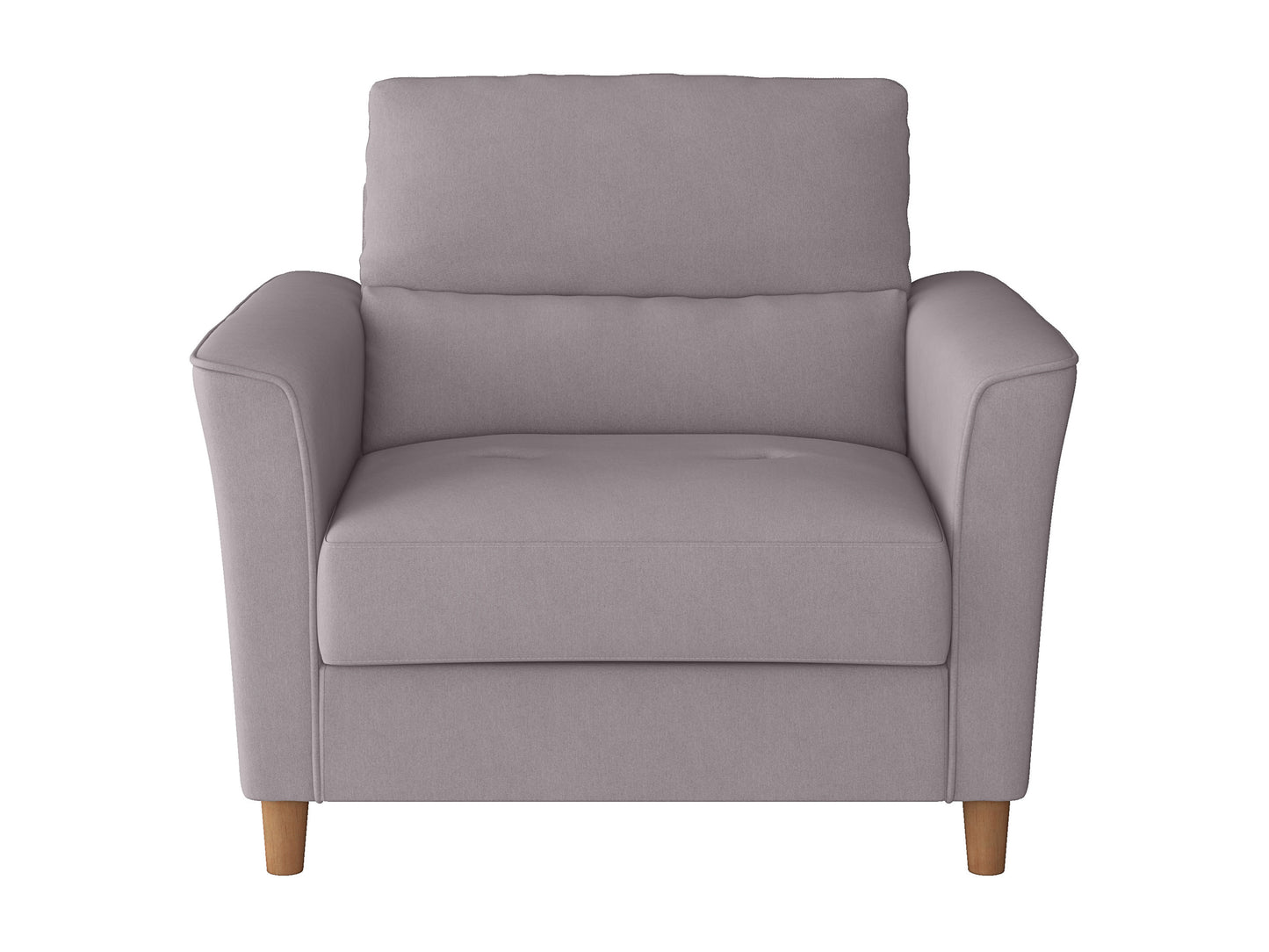 Modern gray fabric armchair with plush cushions, wooden legs, and wide seating area, ideal for living room comfort and style.