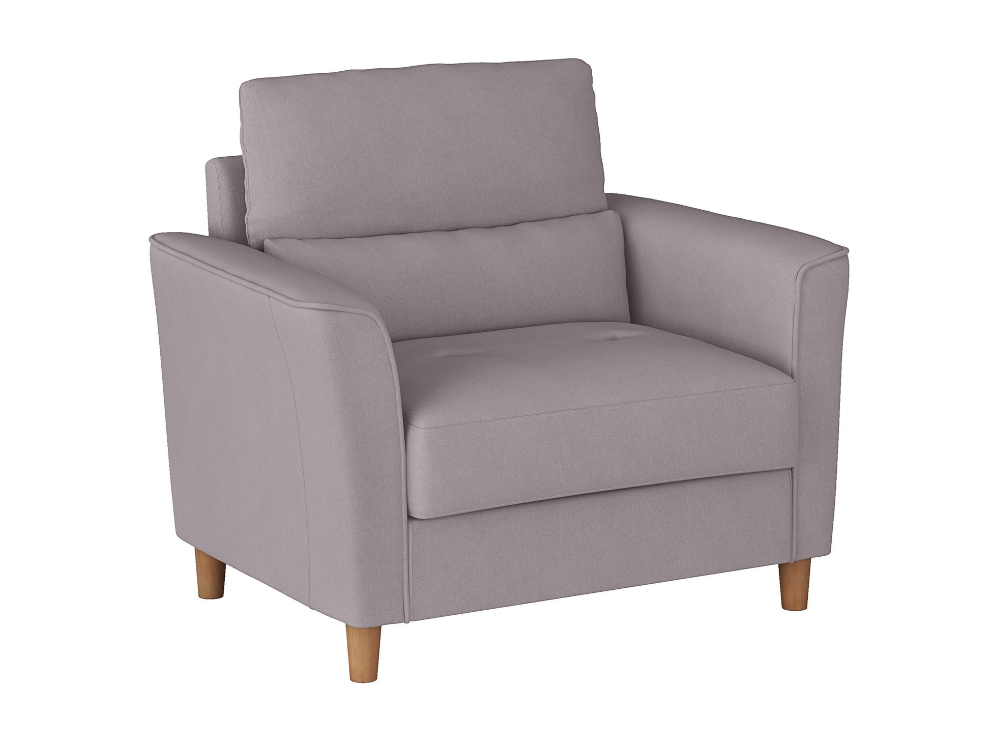 Modern grey fabric arm chair with plush cushions, wide seat, and sleek black metal legs, perfect for living room or office.