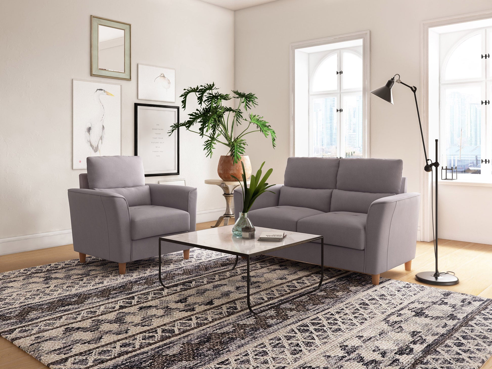 light grey 2 Seater Loveseat and Chair Set, 2 piece Caroline Collection lifestyle scene by CorLiving#color_light-grey