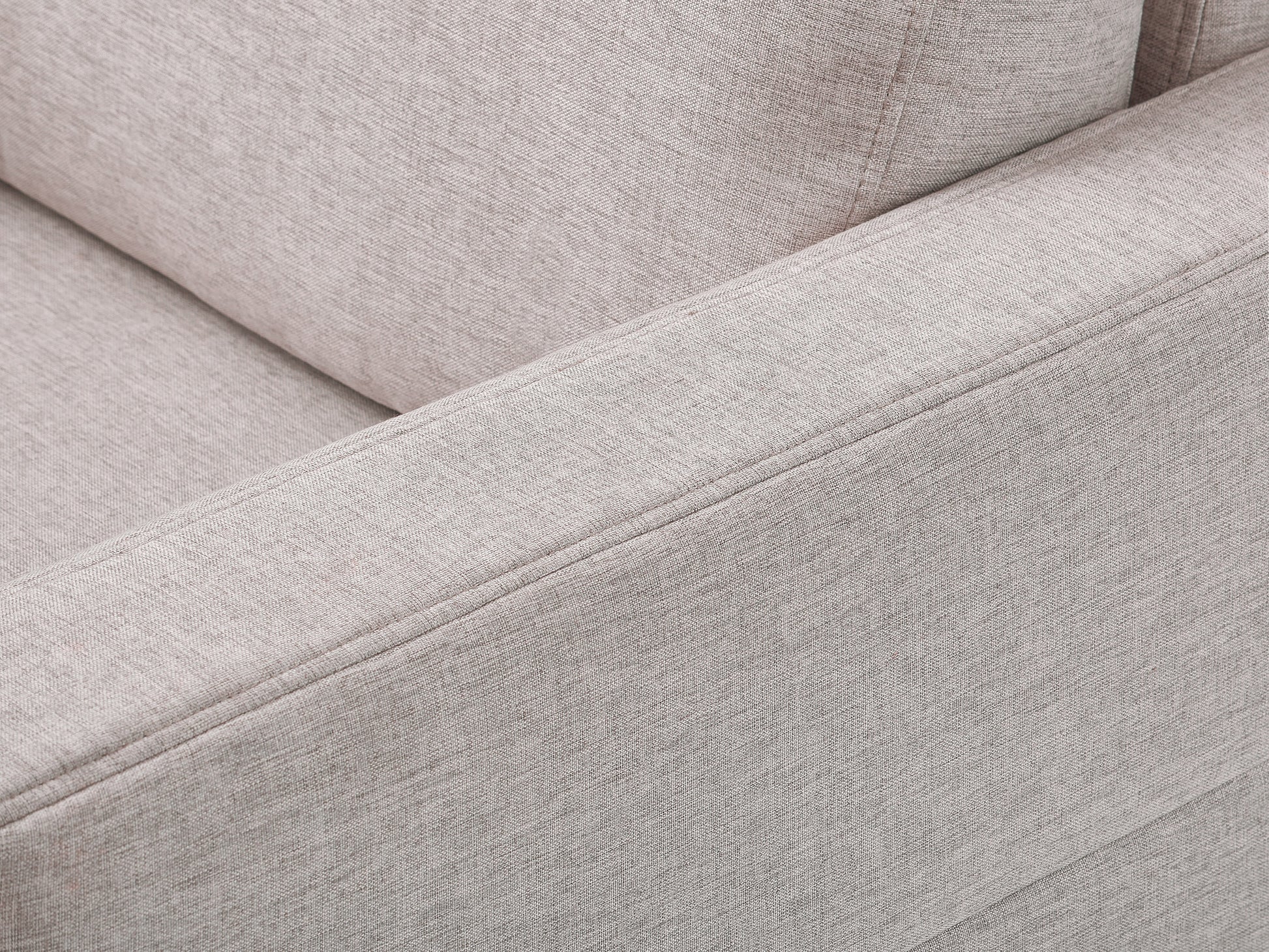 Modern arm chair with sleek wooden frame, upholstered in soft beige fabric, featuring clean lines, padded armrests, and a minimalist design perfect for contemporary living spaces.