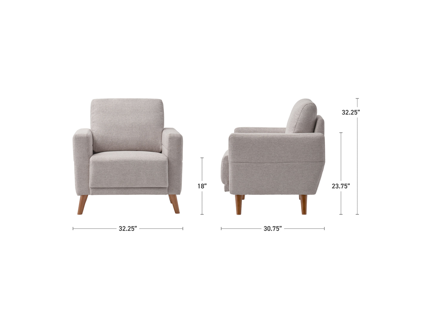 Modern armchair with sleek wooden legs, upholstered in soft gray fabric, featuring a minimalist design and comfortable armrests, perfect for contemporary living rooms or offices.