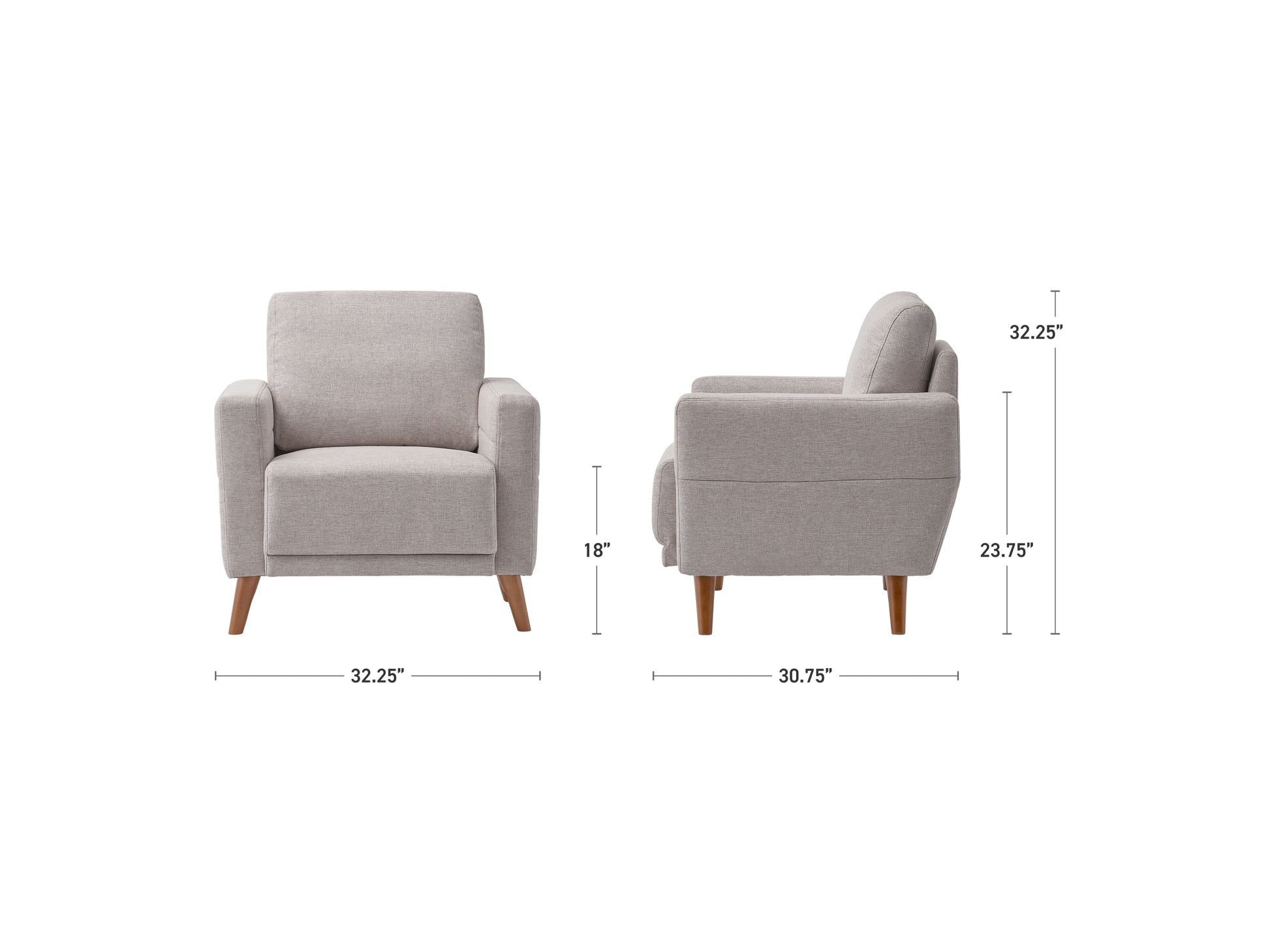 Modern armchair with sleek wooden legs, upholstered in soft gray fabric, featuring a minimalist design and comfortable armrests, perfect for contemporary living rooms or offices.