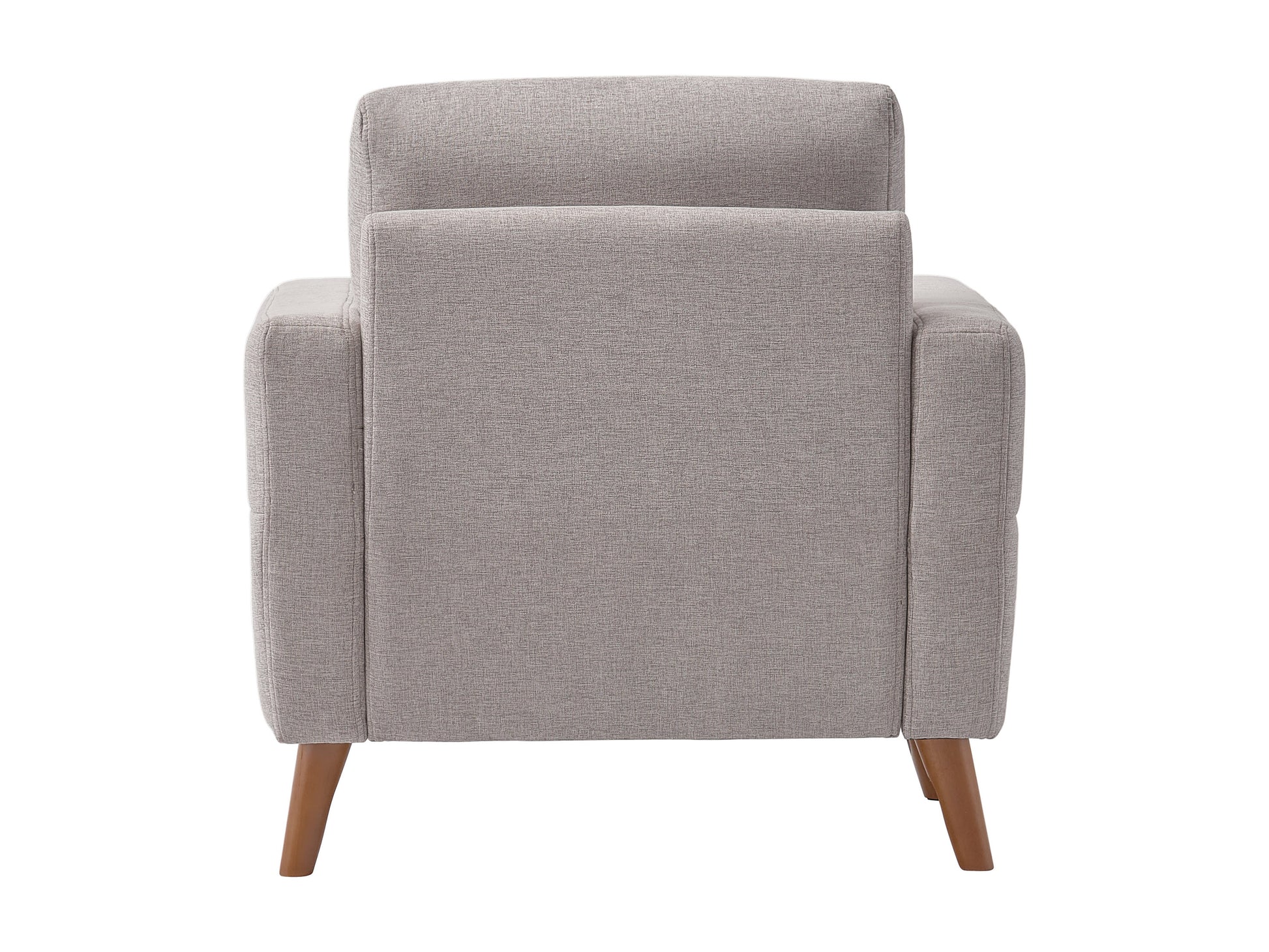 Modern arm chair with sleek wooden frame, upholstered in soft gray fabric, featuring curved armrests and cushioned seat for comfort, ideal for contemporary living rooms or offices.