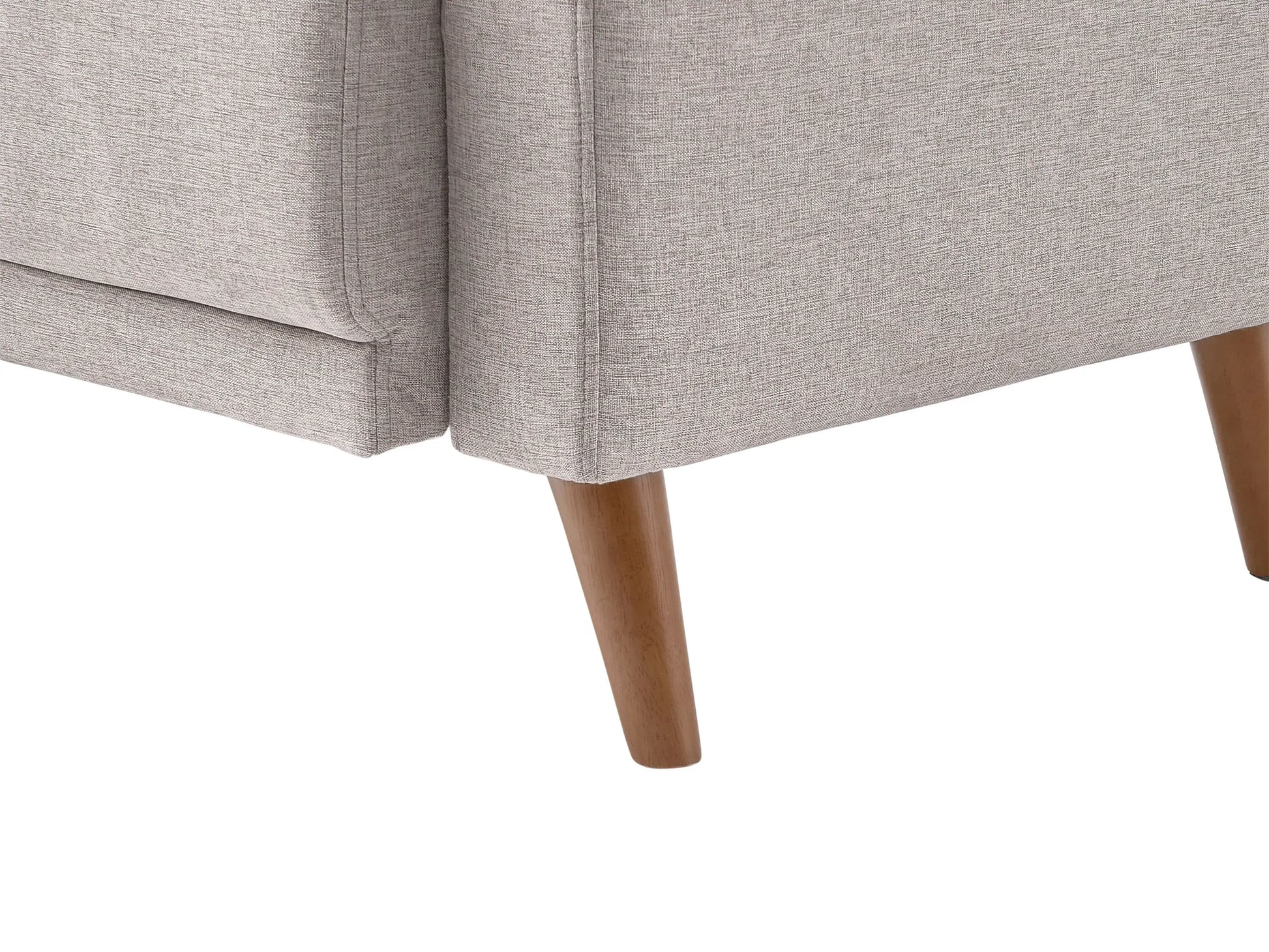 Modern 3-seat sofa in light gray fabric with tufted backrest, sleek wooden legs, and plush cushions, perfect for contemporary living rooms.