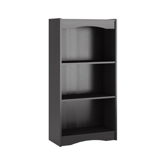 Small black wooden bookcase with three shelves, 48 inches tall, showcasing minimalist design and smooth finish, ideal for organizing books and decor in a modern living space.