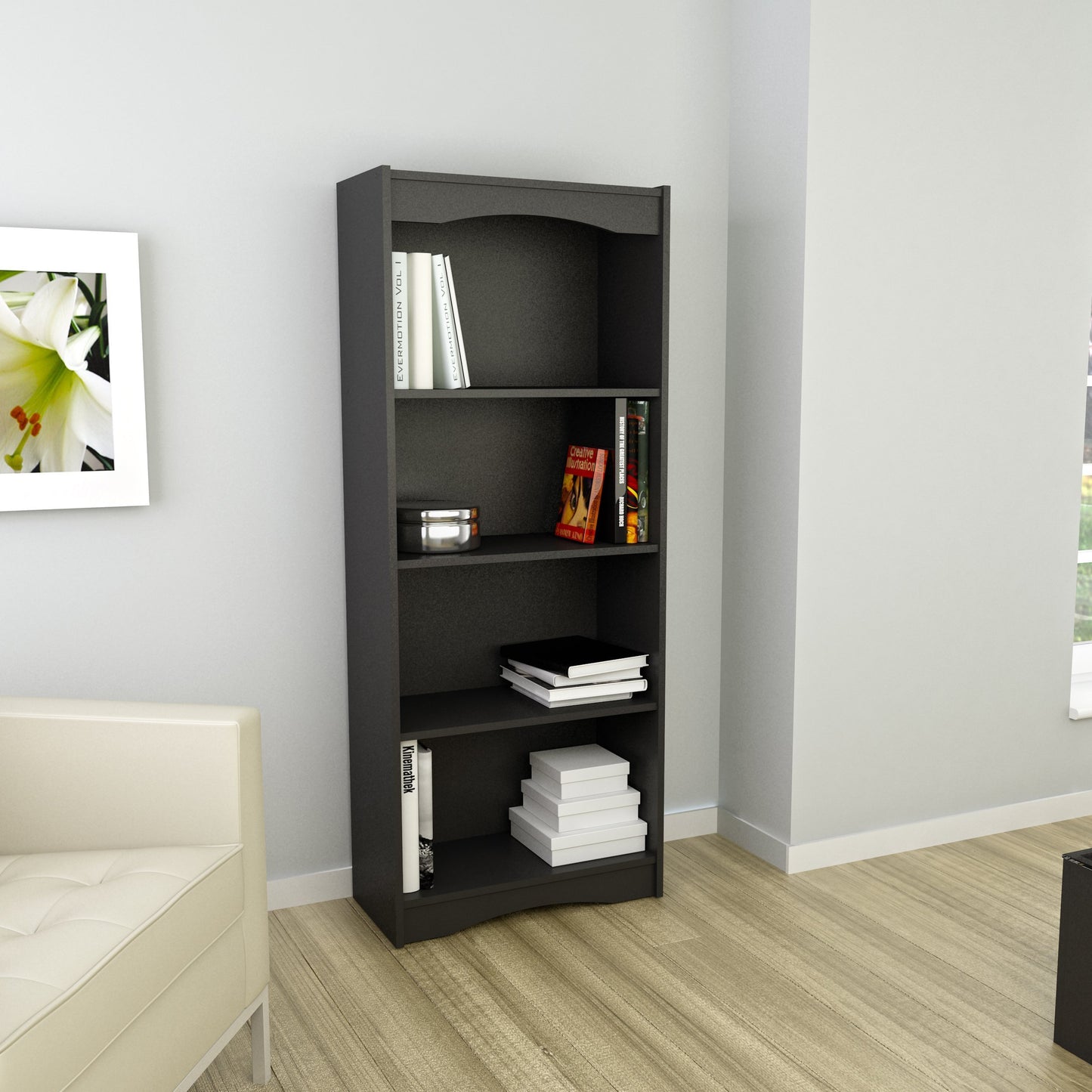Sleek black 60" tall bookcase with five shelves, minimalist design, and sturdy construction, ideal for modern home or office storage and display.