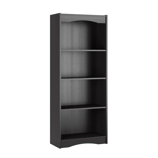 Tall black bookcase with five shelves, 60 inches high, sleek modern design, ideal for organizing books, decor, and storage.