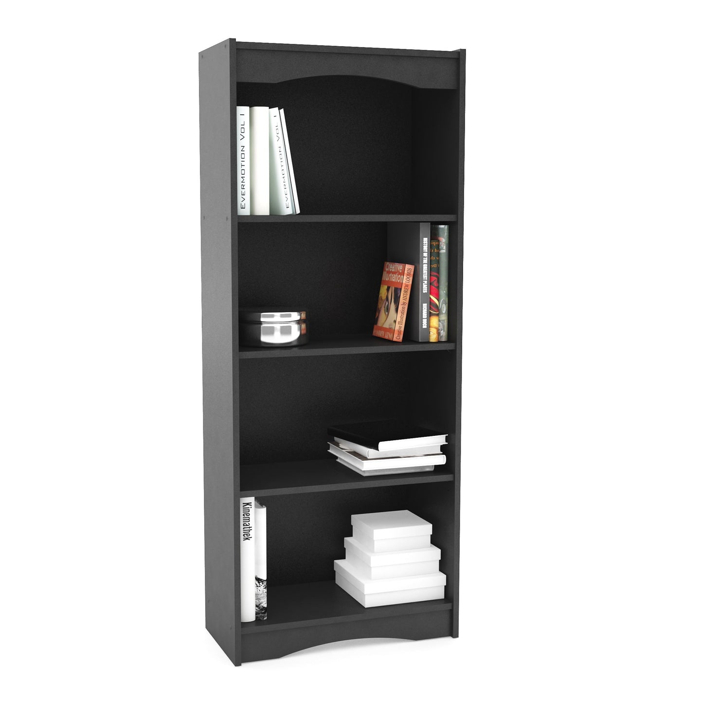Black tall bookcase with five shelves, 60-inch height, sleek modern design, sturdy wooden construction, ideal for home or office storage and organization.
