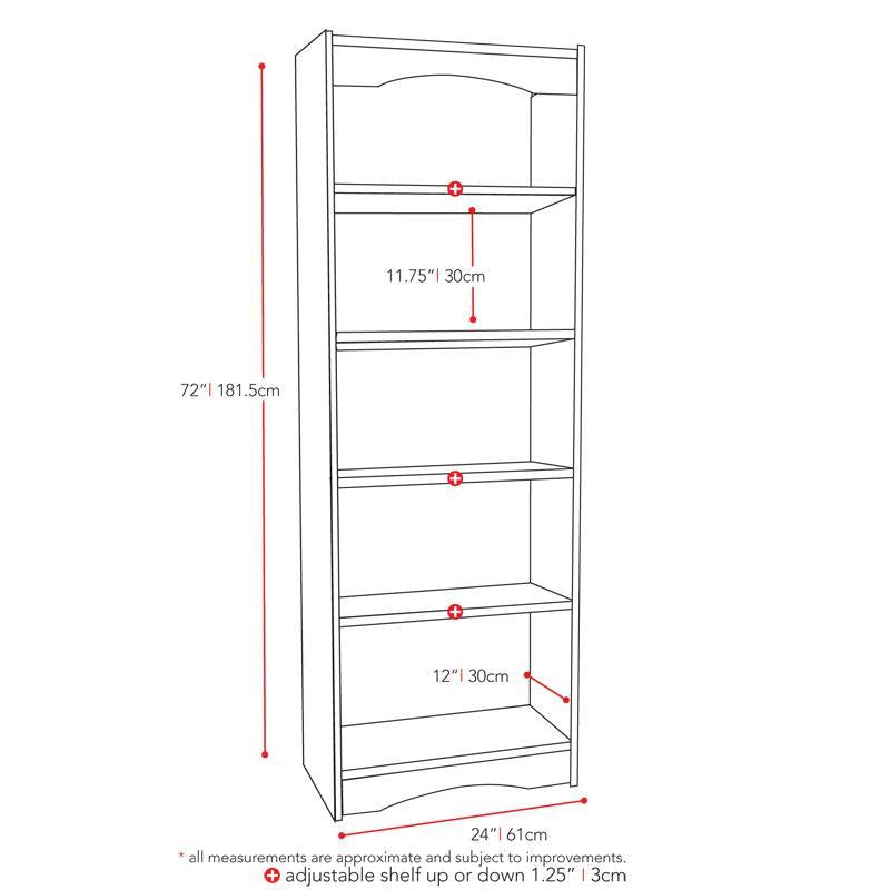 Tall black bookshelf with five shelves, 72 inches high, featuring a sleek design and sturdy construction, ideal for organizing books, decor, and more in a modern living room or office space.