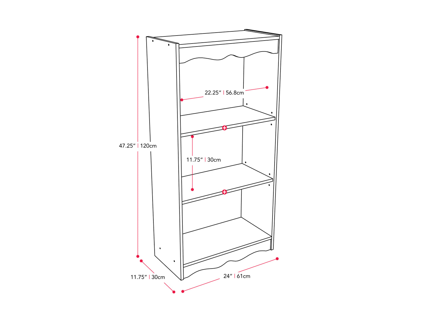 White small bookcase, 48 inches tall, with three open shelves and a minimalist design, perfect for organizing books and decor in modern living spaces.