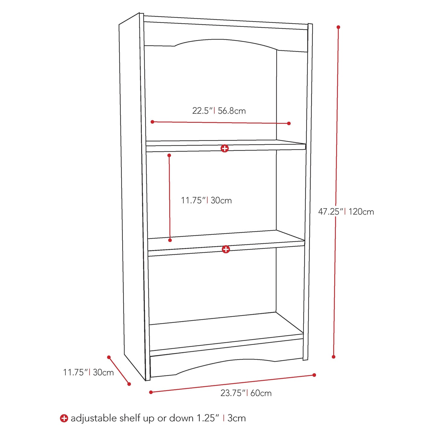 Black small bookcase, 48 inches tall, with four shelves and a sleek, modern design. Ideal for organizing books, decorative items, and storage baskets in living rooms, bedrooms, or home offices.