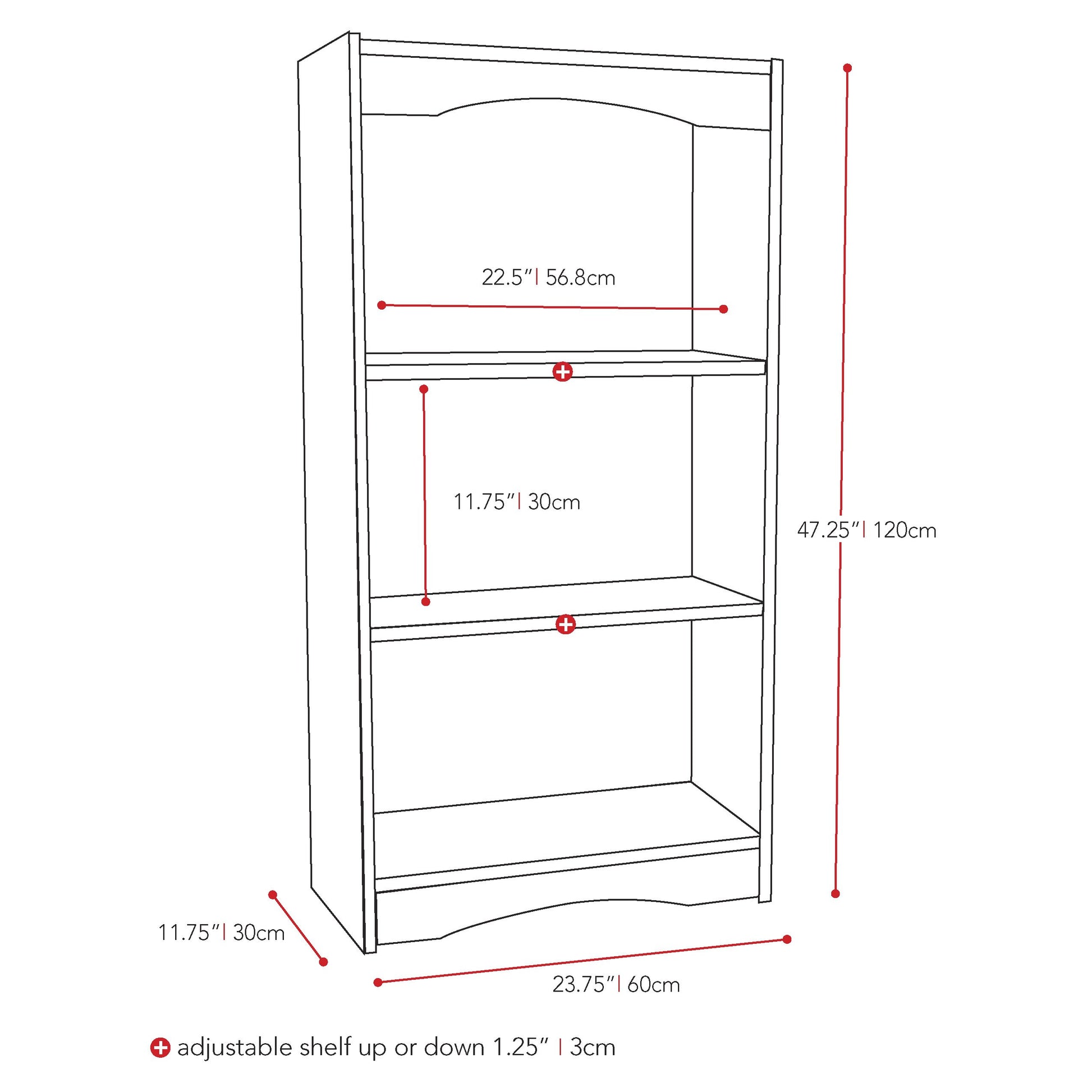 Black small bookcase, 48 inches tall, with four shelves and a sleek, modern design. Ideal for organizing books, decorative items, and storage baskets in living rooms, bedrooms, or home offices.