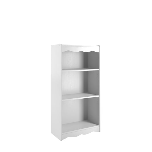 White 48" small bookcase with four shelves, made of wood, featuring a sleek design and smooth finish, ideal for organizing books and decor in a modern living space.