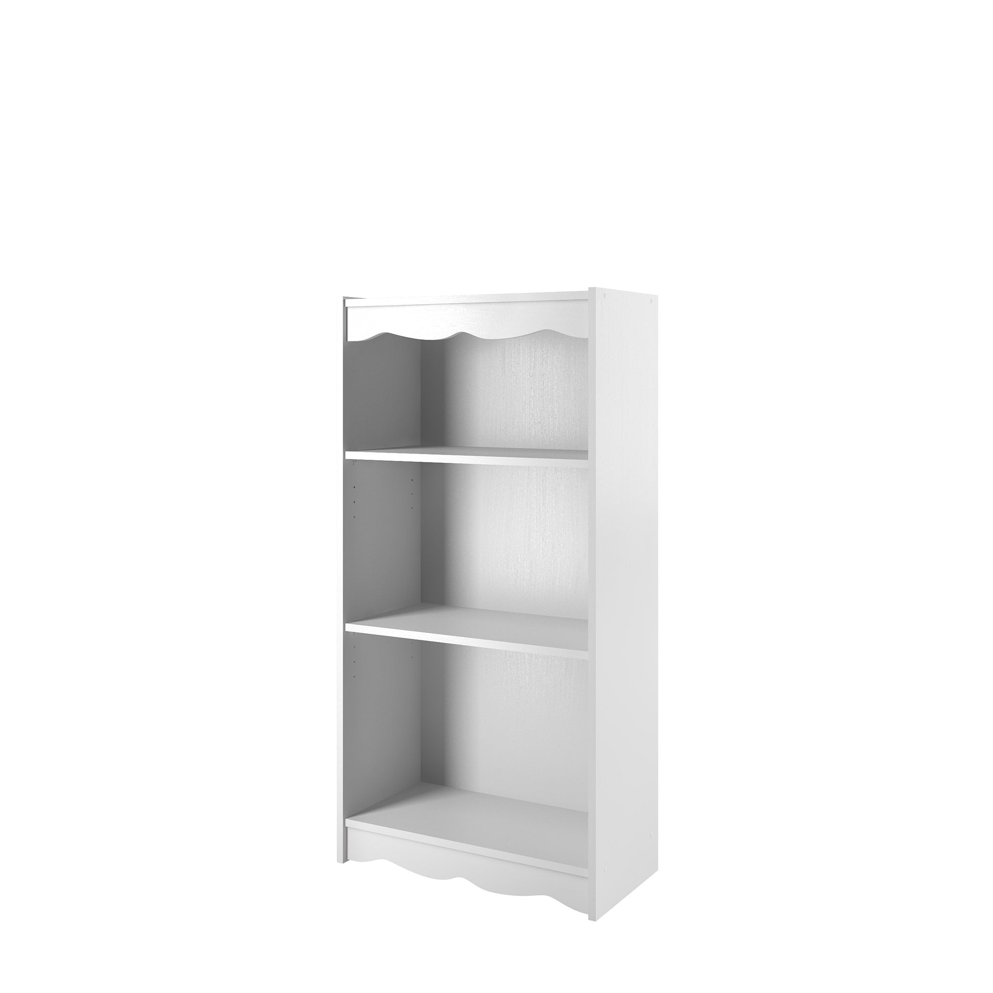 Small white wooden bookcase with three shelves, 48 inches tall, featuring a clean, minimalist design perfect for modern home decor and storage.