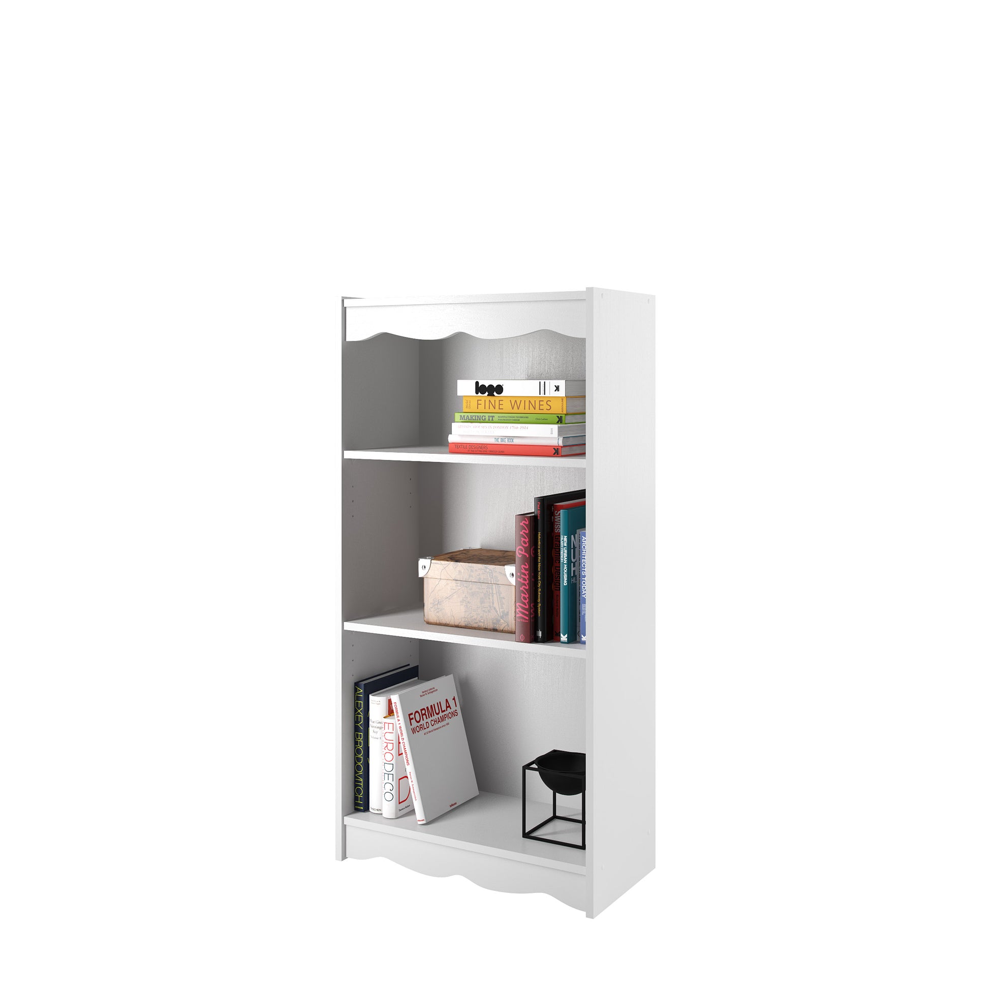 Small white bookcase, 48 inches tall, with three open shelves, smooth finish, and modern design, perfect for home office or living room storage and display.