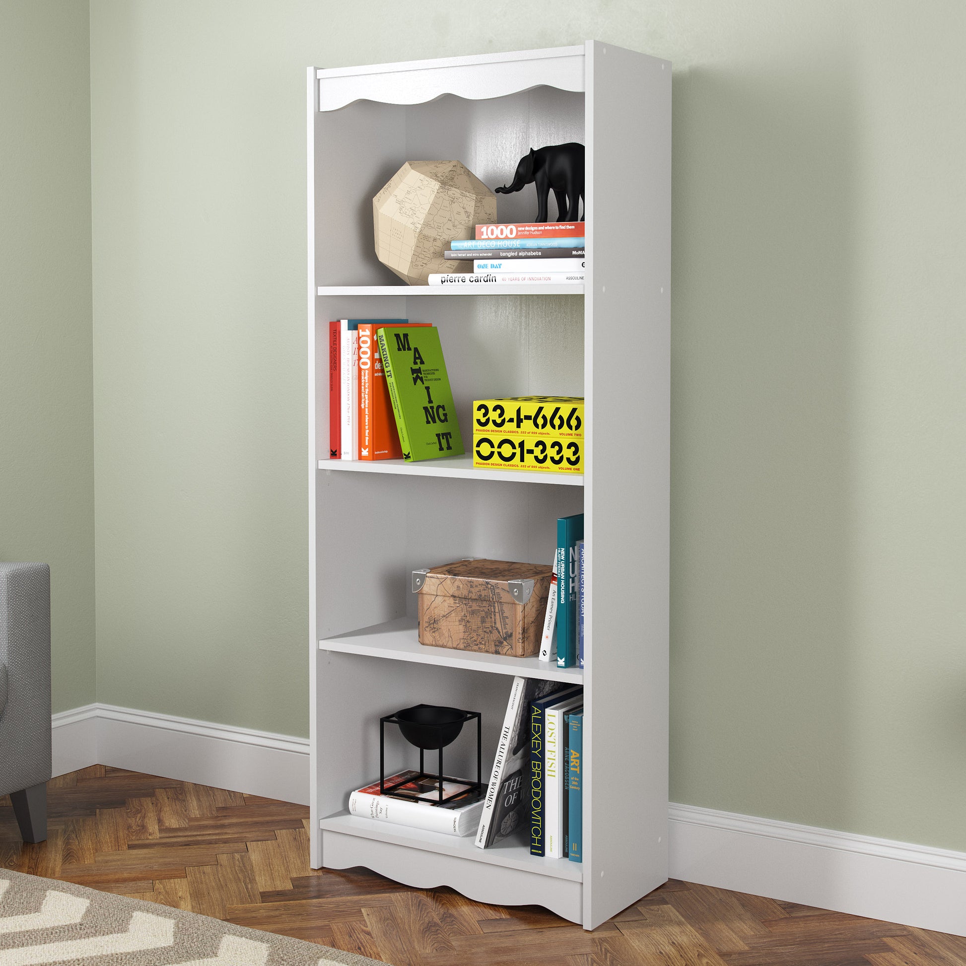 Tall white bookcase, 60 inches, with five wooden shelves, featuring a sleek modern design and spacious storage for books and decor.