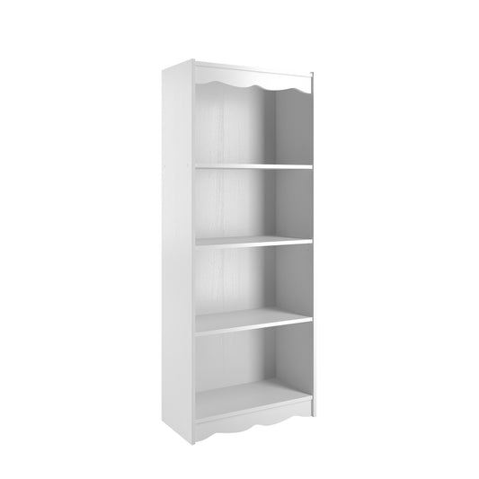 Tall white bookcase with five shelves, 60 inches high, modern minimalist design, sturdy wooden construction, ideal for organizing books, decor, and storage in living rooms, offices, or bedrooms.