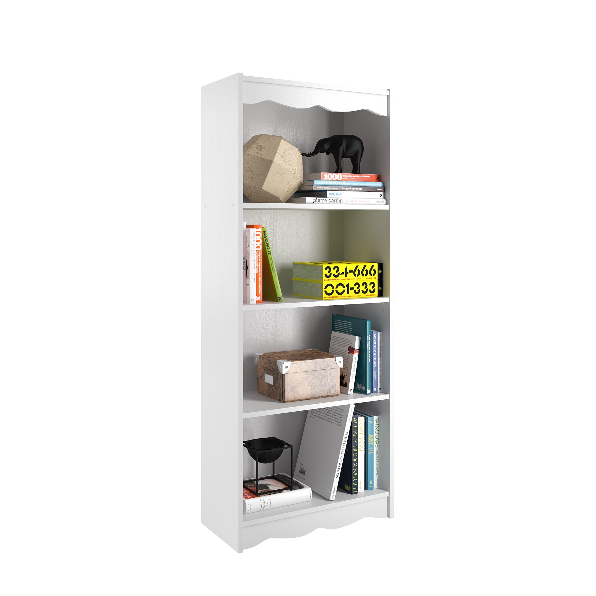 Tall white bookcase, 60 inches high, featuring five spacious shelves for ample storage, sleek modern design, durable wood construction, perfect for living rooms, home offices, or bedrooms.