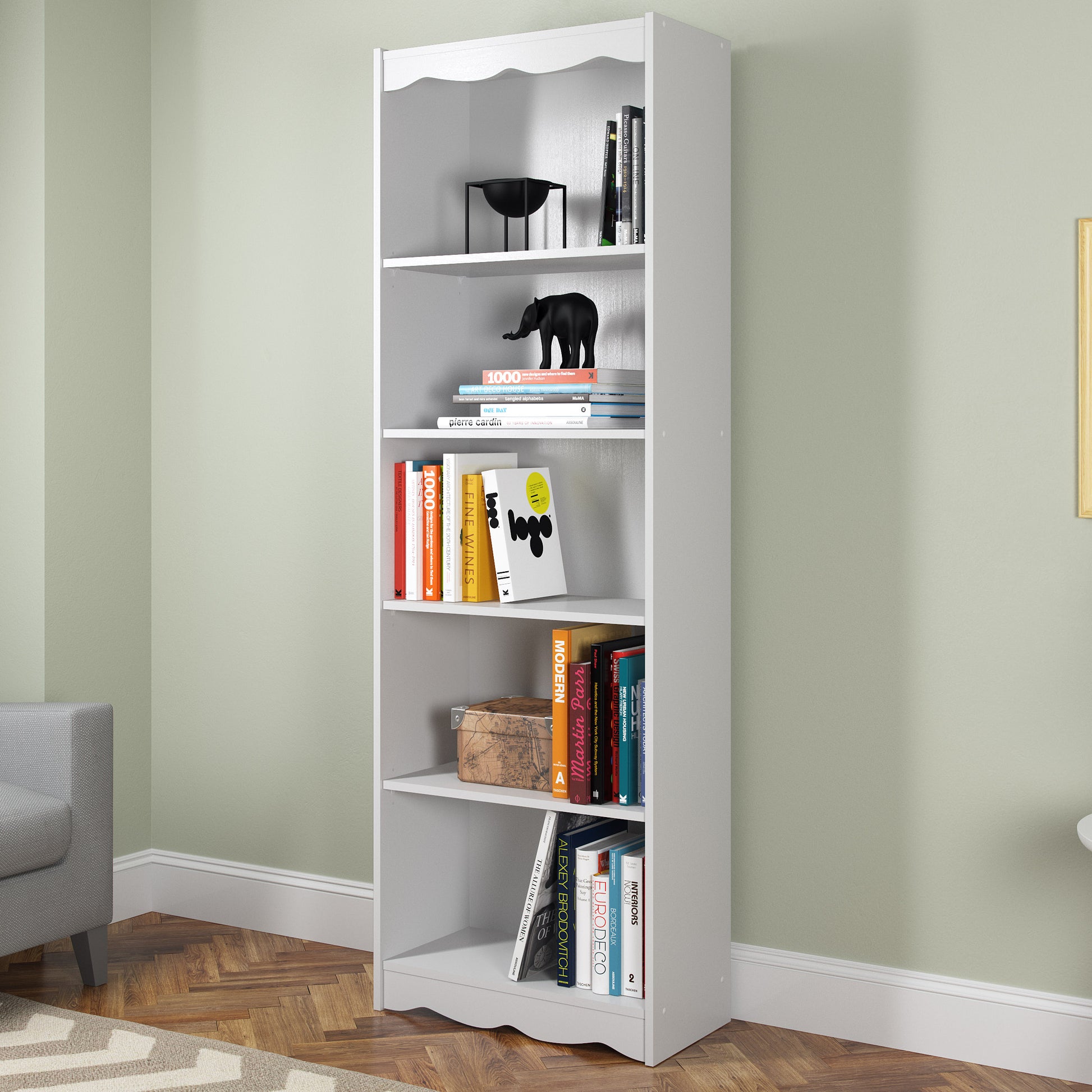 White tall bookshelf with five shelves, 72 inches high, featuring a sleek modern design, perfect for living room or office storage, showcasing books and decorative items.