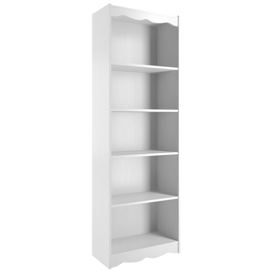 Tall white bookcase, 72 inches high, featuring five spacious shelves for ample storage, smooth white finish for a modern look, sturdy wooden construction, perfect for organizing books, decor, and more.