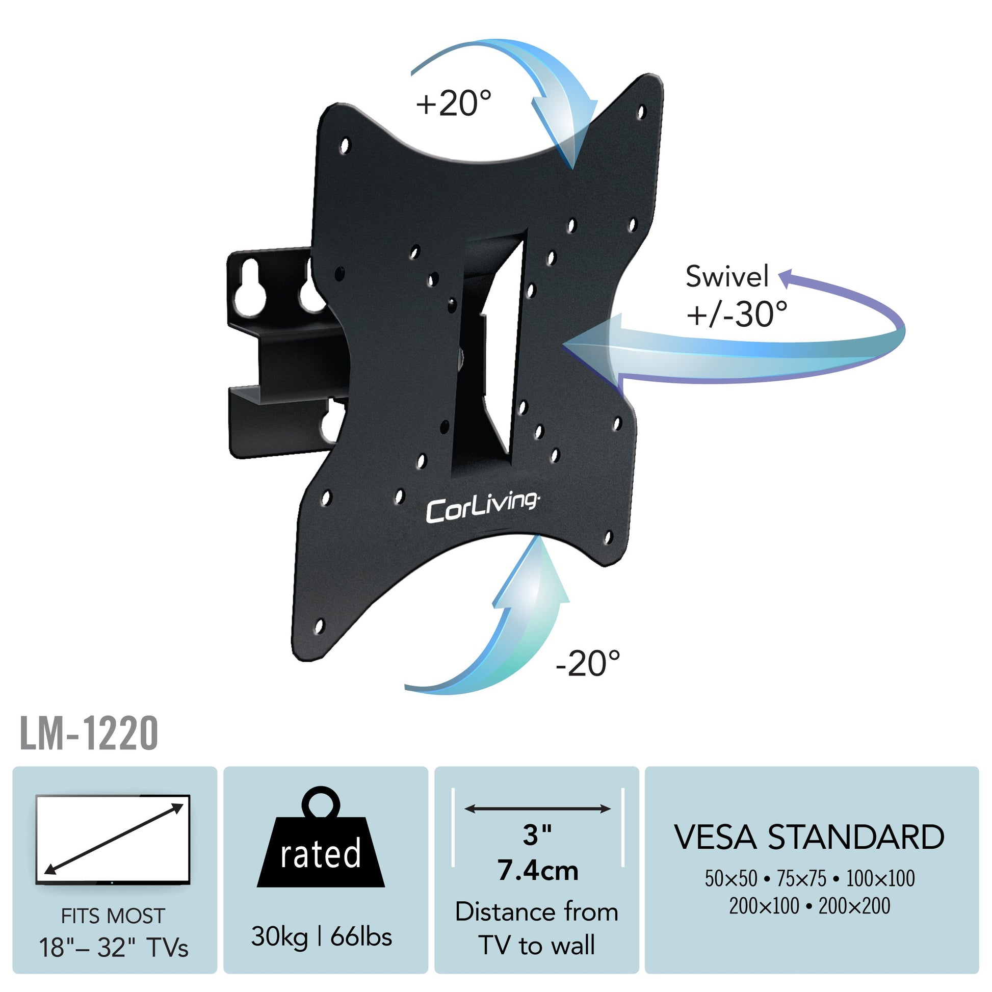 Adjustable 32-inch TV wall mount with tilt and swivel features, suitable for 18 to 32-inch TVs, black steel construction, VESA compatible, easy installation, space-saving design for living rooms and bedrooms.