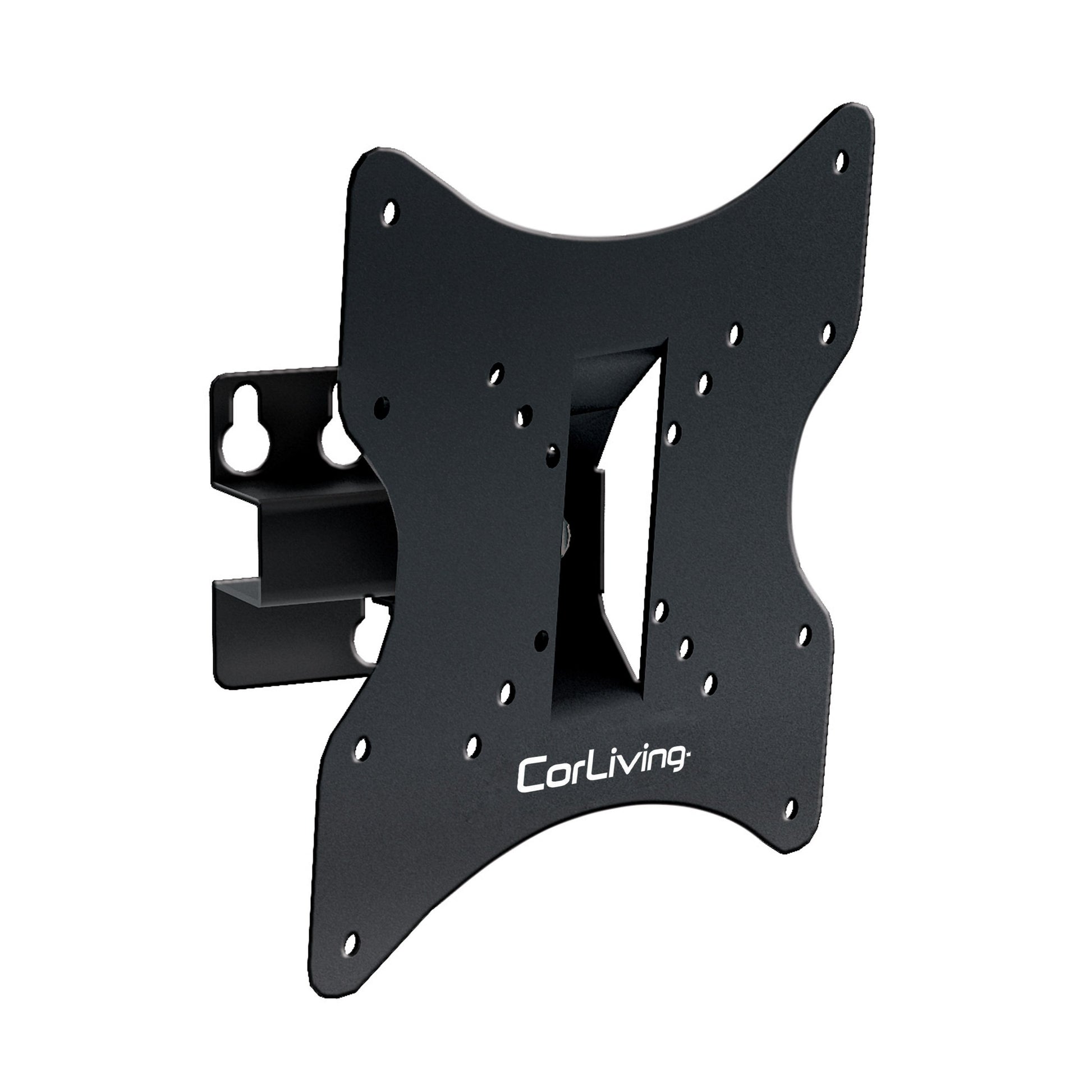 Adjustable 32-inch TV wall mount with tilt and swivel features, suitable for 18 to 32-inch TVs, black steel construction, VESA compatible, easy installation, space-saving design for living rooms and bedrooms.