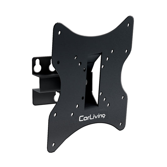 Adjustable 32-inch TV wall mount with tilt and swivel features, suitable for 18 to 32-inch TVs, black steel construction, VESA compatible, easy installation, space-saving design for living rooms and bedrooms.