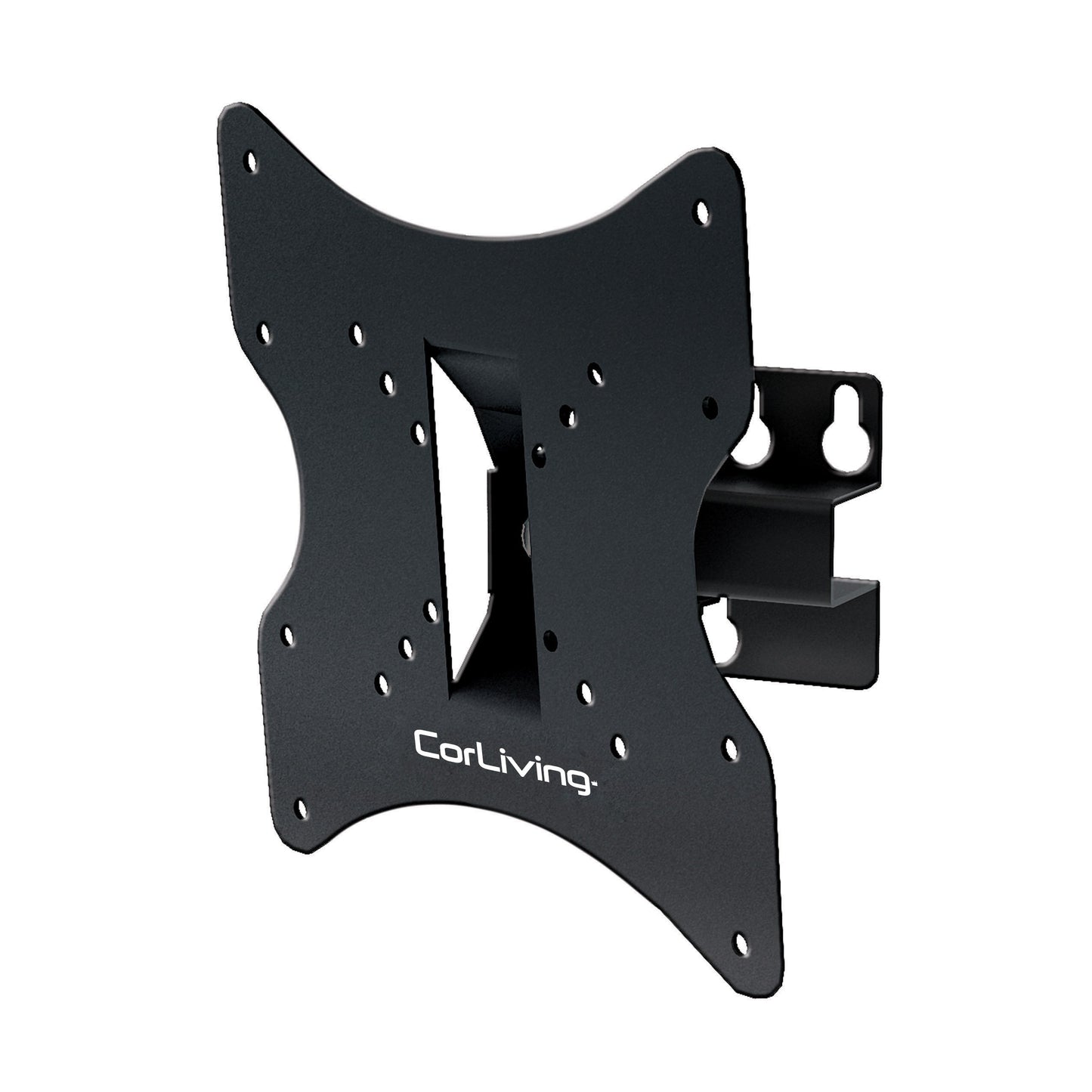 Adjustable 32-inch TV wall mount with tilt and swivel features, suitable for 18 to 32-inch TVs, black steel construction, VESA compatible, easy installation, space-saving design for living rooms and bedrooms.