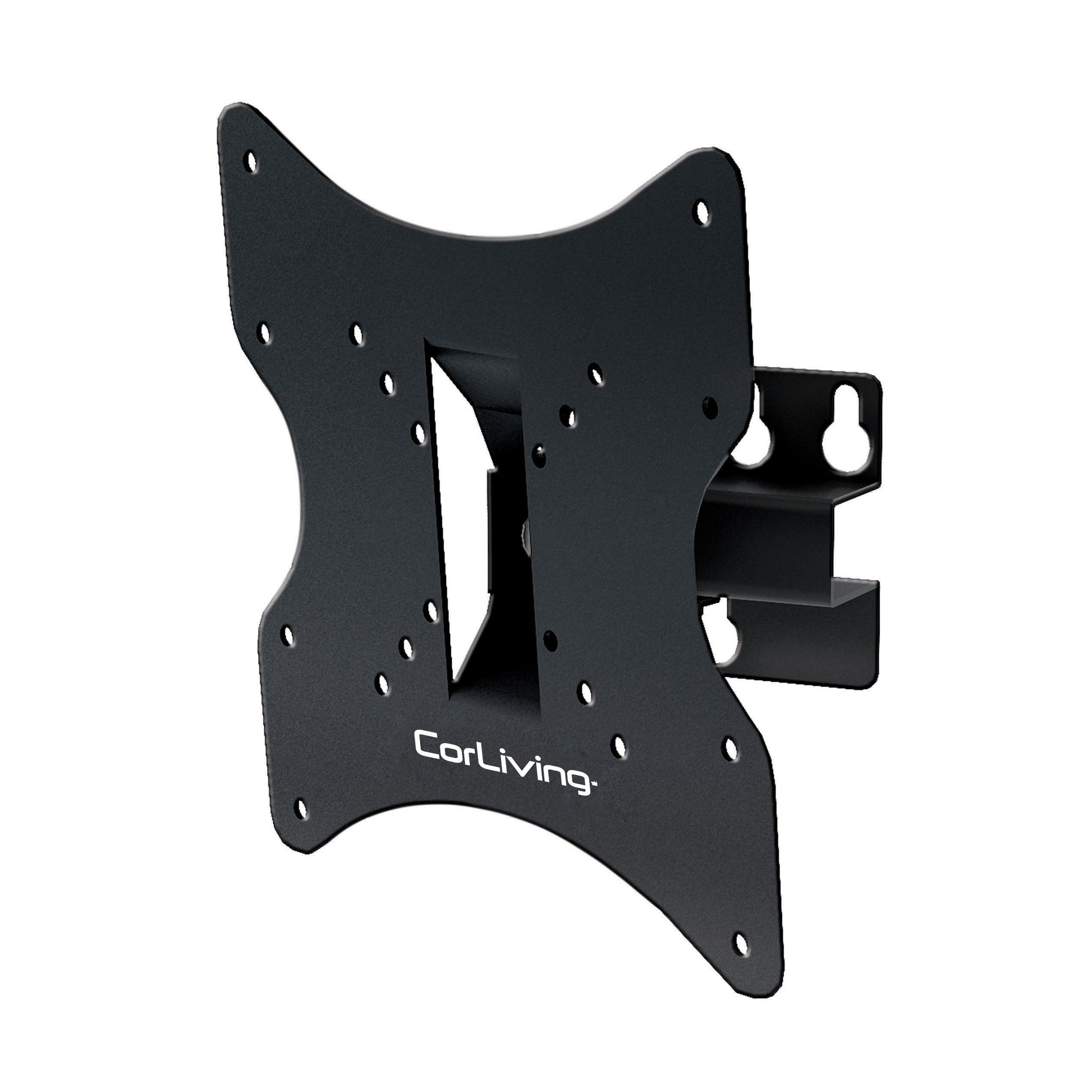 Adjustable 32-inch TV wall mount with tilt and swivel features, suitable for 18 to 32-inch TVs, black steel construction, VESA compatible, easy installation, space-saving design for living rooms and bedrooms.