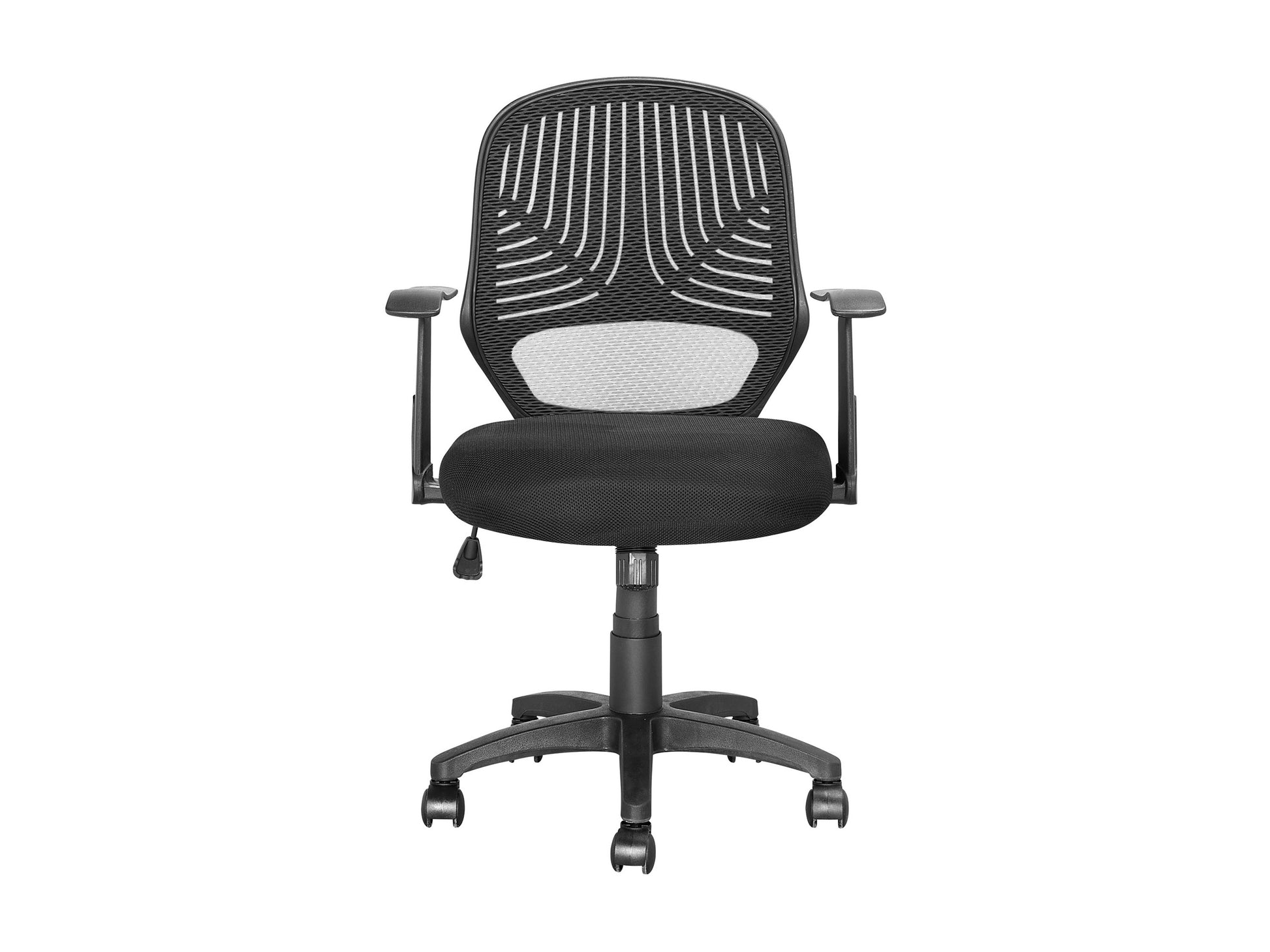 Black mesh office chair with ergonomic design, adjustable height, and lumbar support. Features breathable mesh backrest, cushioned seat, and sleek armrests. Ideal for home office or professional workspace.