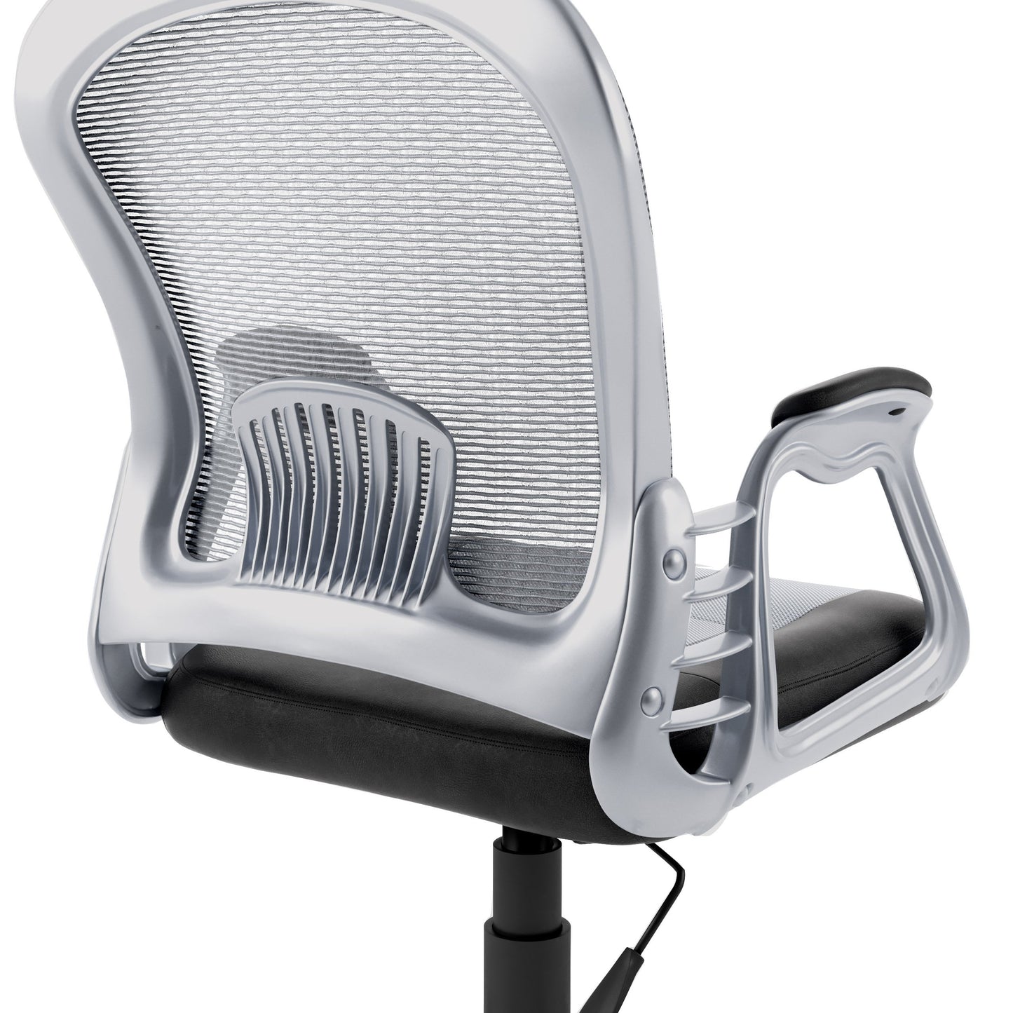 Ergonomic black and gray swivel office chair with mesh backrest, cushioned seat, adjustable armrests, and five-wheel base for mobility.