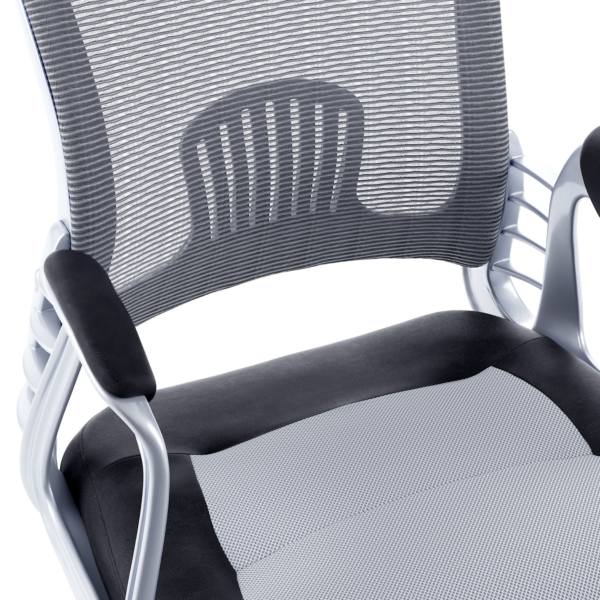 Modern swivel office chair with grey fabric upholstery, ergonomic design, black metal base, and adjustable height lever. Ideal for home offices, providing comfort and style in a contemporary workspace.