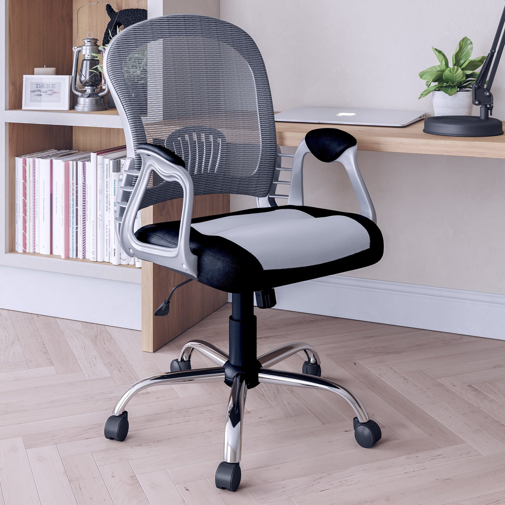 Modern swivel office chair with ergonomic design, featuring a black mesh backrest, cushioned seat, and adjustable armrests. Ideal for home or office use, offering comfort and support for long hours of work.