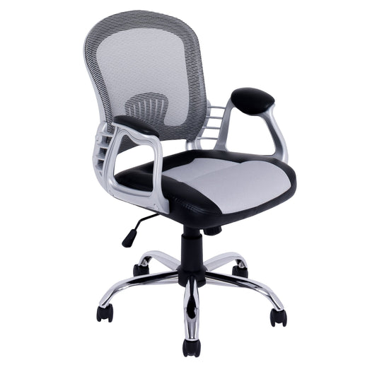 Modern black leather swivel office chair with ergonomic design, adjustable height, padded armrests, and chrome base.
