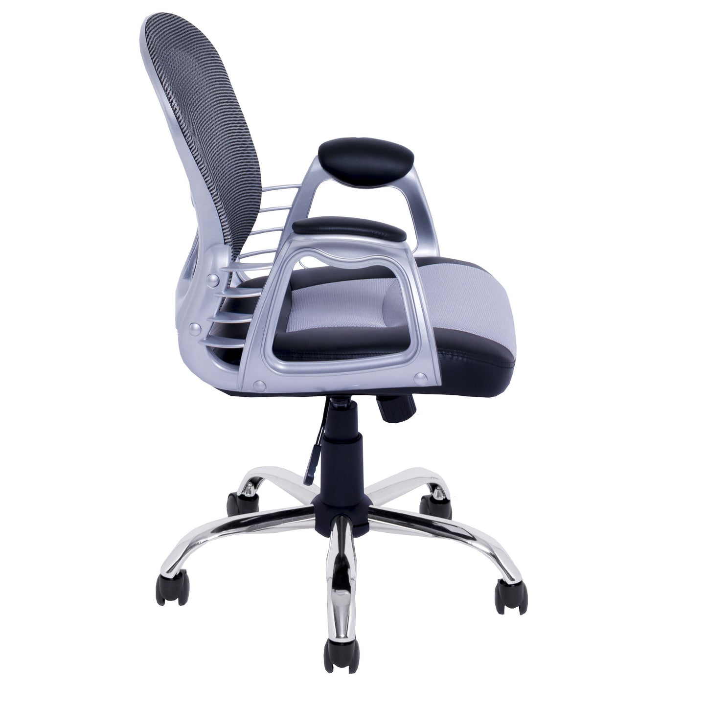 Ergonomic grey swivel office chair with padded seat, adjustable armrests, and mesh backrest for breathable comfort, ideal for home or office workspace.