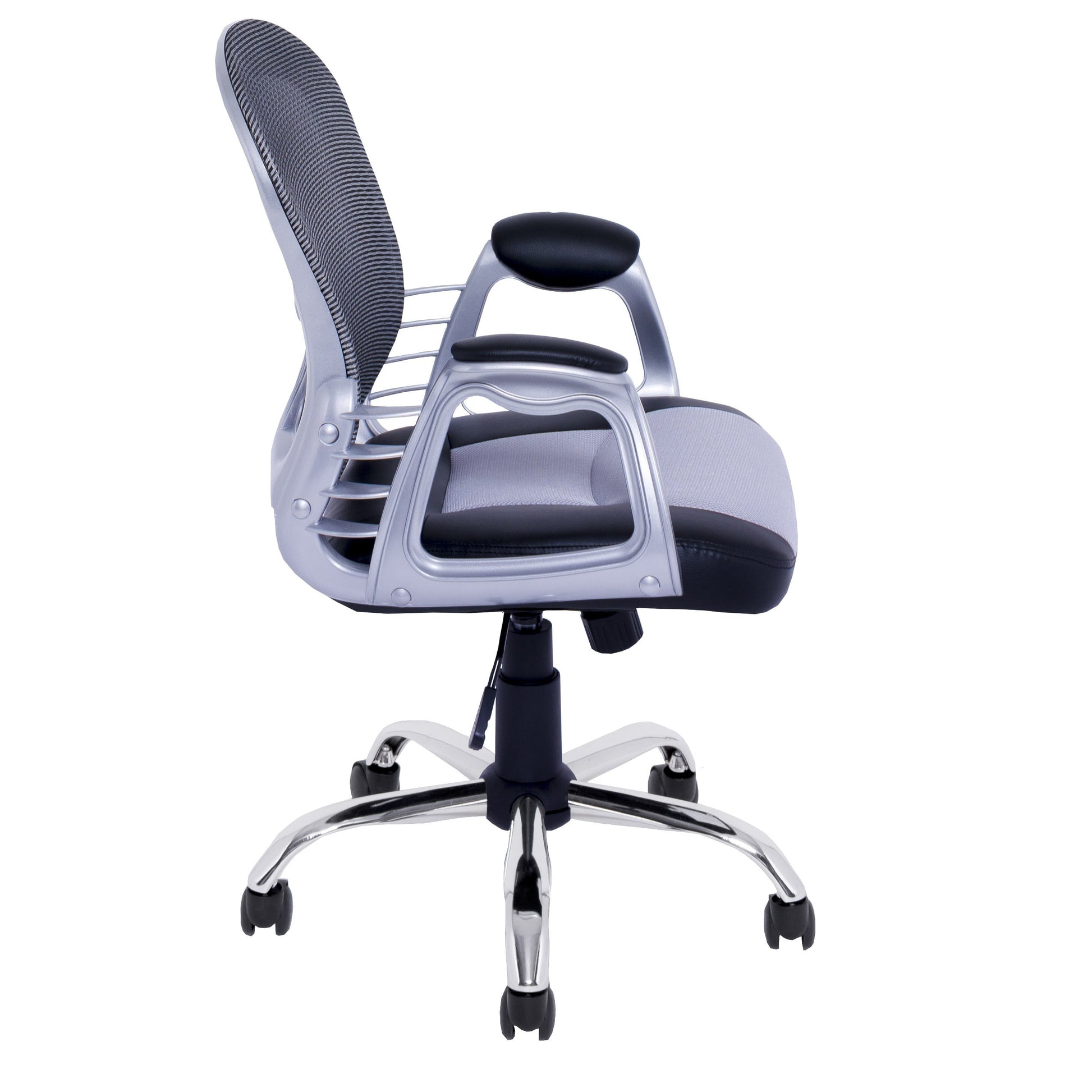 Ergonomic grey swivel office chair with padded seat, adjustable armrests, and mesh backrest for breathable comfort, ideal for home or office workspace.