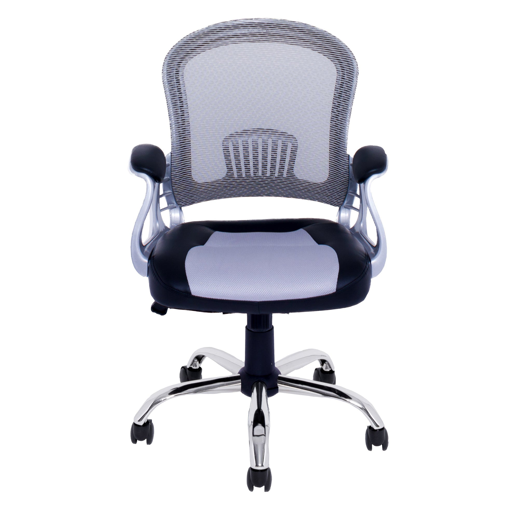 Modern black leather swivel office chair with ergonomic design, padded armrests, and chrome base, perfect for home or office use.
