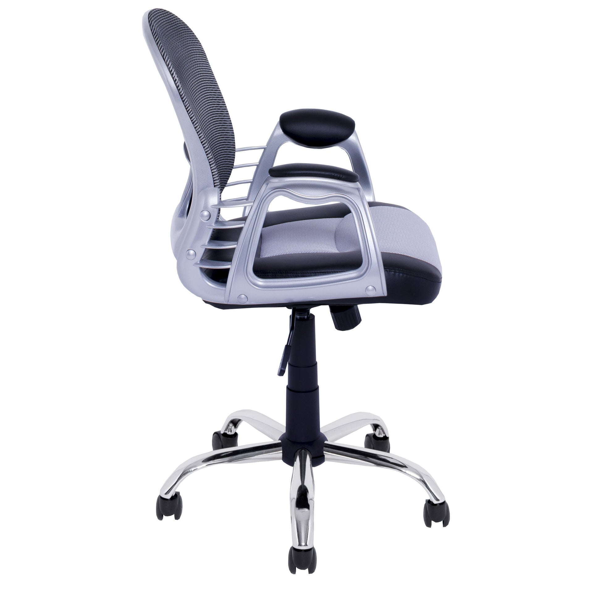 Modern Swivel Office Chair with ergonomic design, featuring a sleek black leather seat, adjustable armrests, and a chrome base. Ideal for home or office use, providing comfort and style for long hours of work.