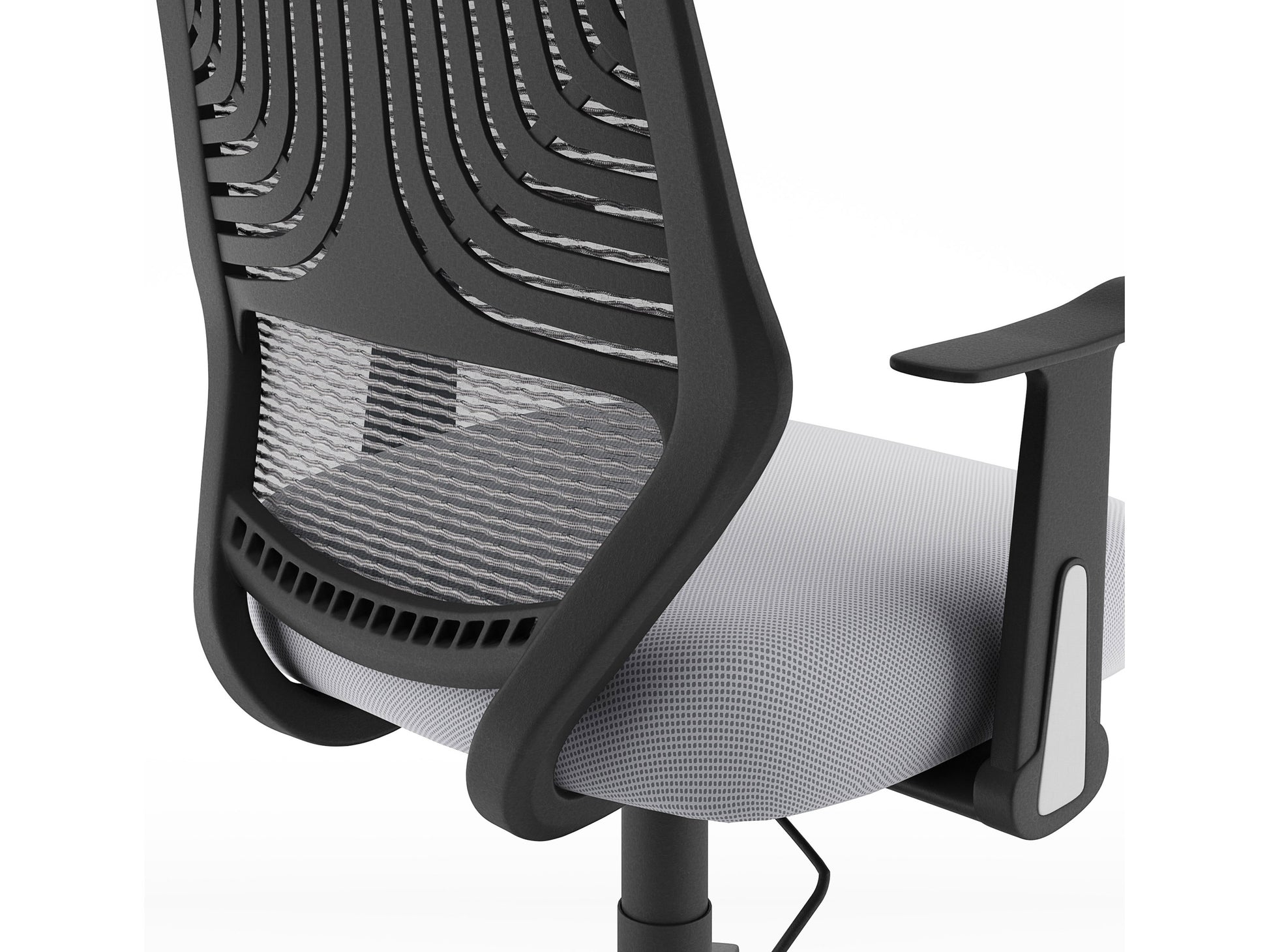 Grey mesh office chair with ergonomic design, adjustable armrests, lumbar support, and swivel base. Ideal for home or office use, providing comfort and breathability for long hours of work.