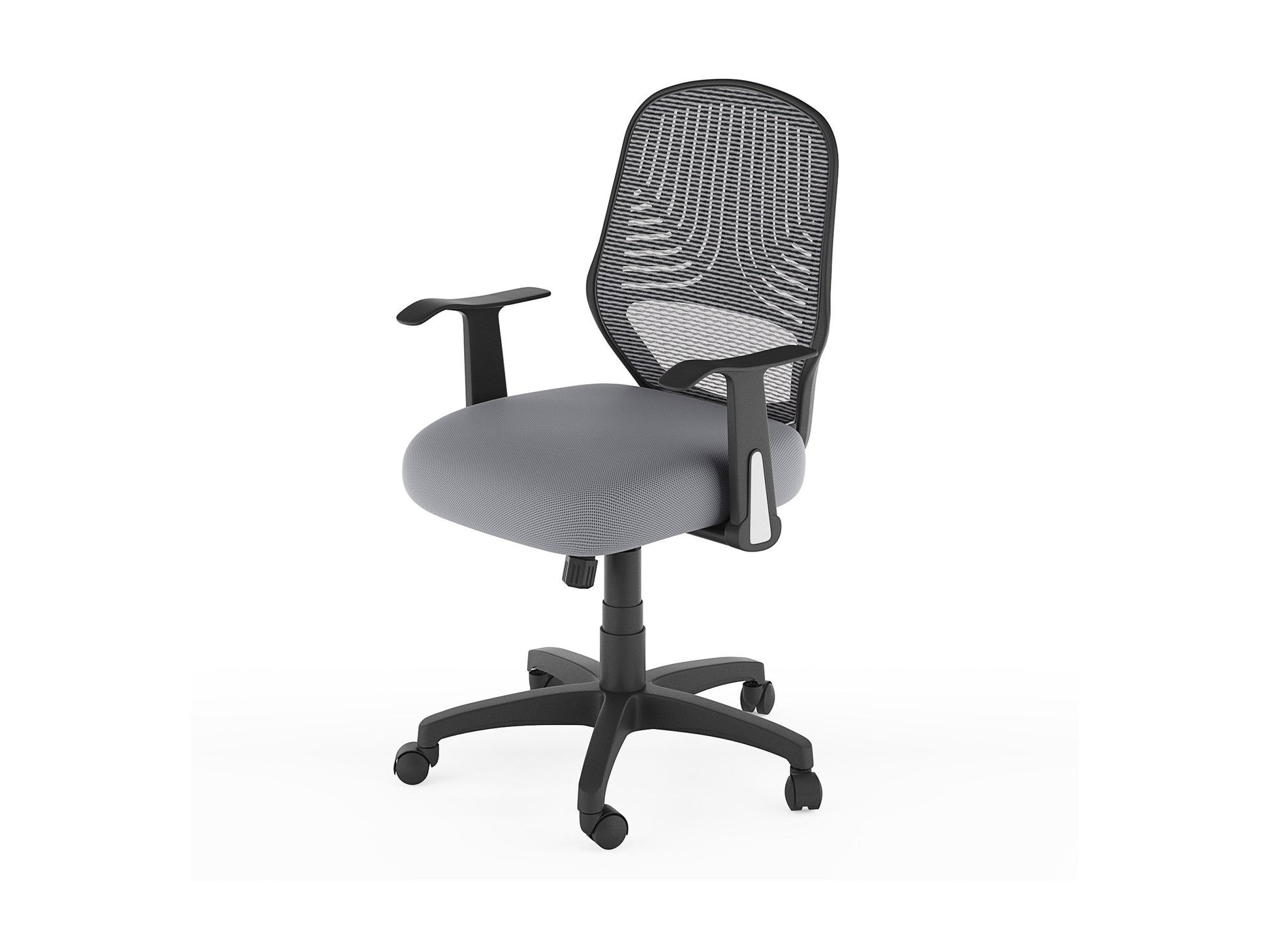 Grey mesh office chair with ergonomic design, adjustable armrests, lumbar support, and swivel base. Ideal for home or office use, providing comfort and breathability for long hours of work.