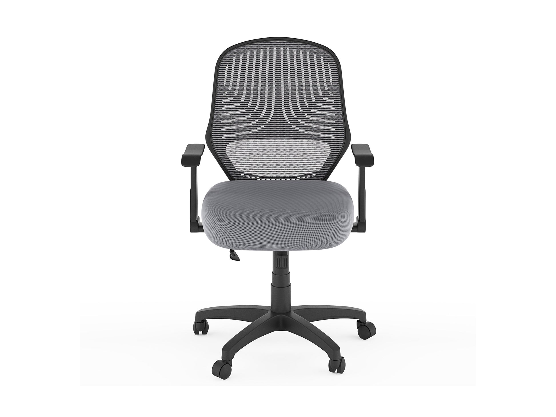 Grey mesh office chair with ergonomic design, adjustable armrests, lumbar support, and swivel base. Ideal for home or office use, providing comfort and breathability for long hours of work.
