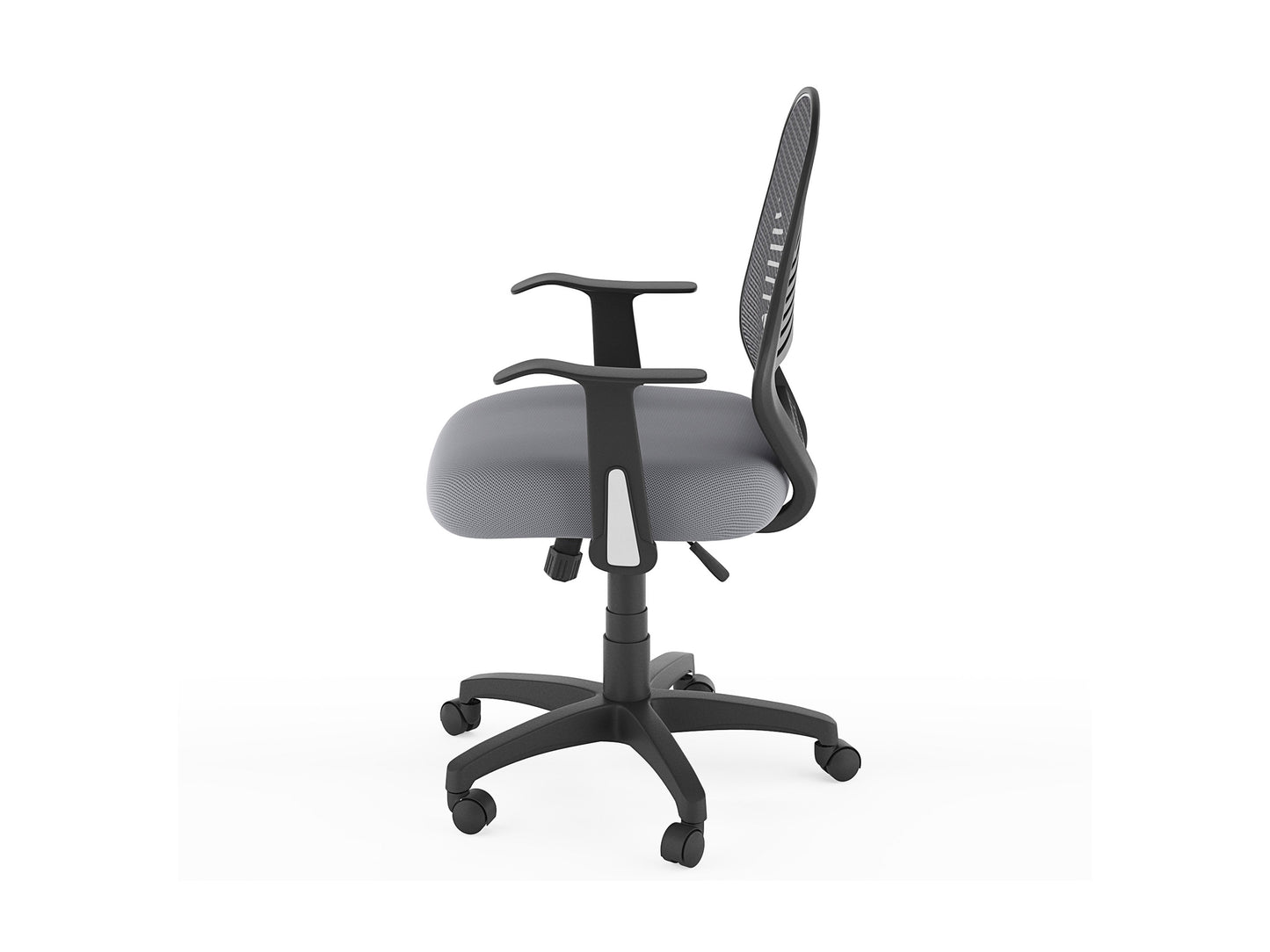 Grey mesh office chair with ergonomic design, adjustable armrests, lumbar support, and swivel base. Ideal for home or office use, providing comfort and breathability for long hours of work.