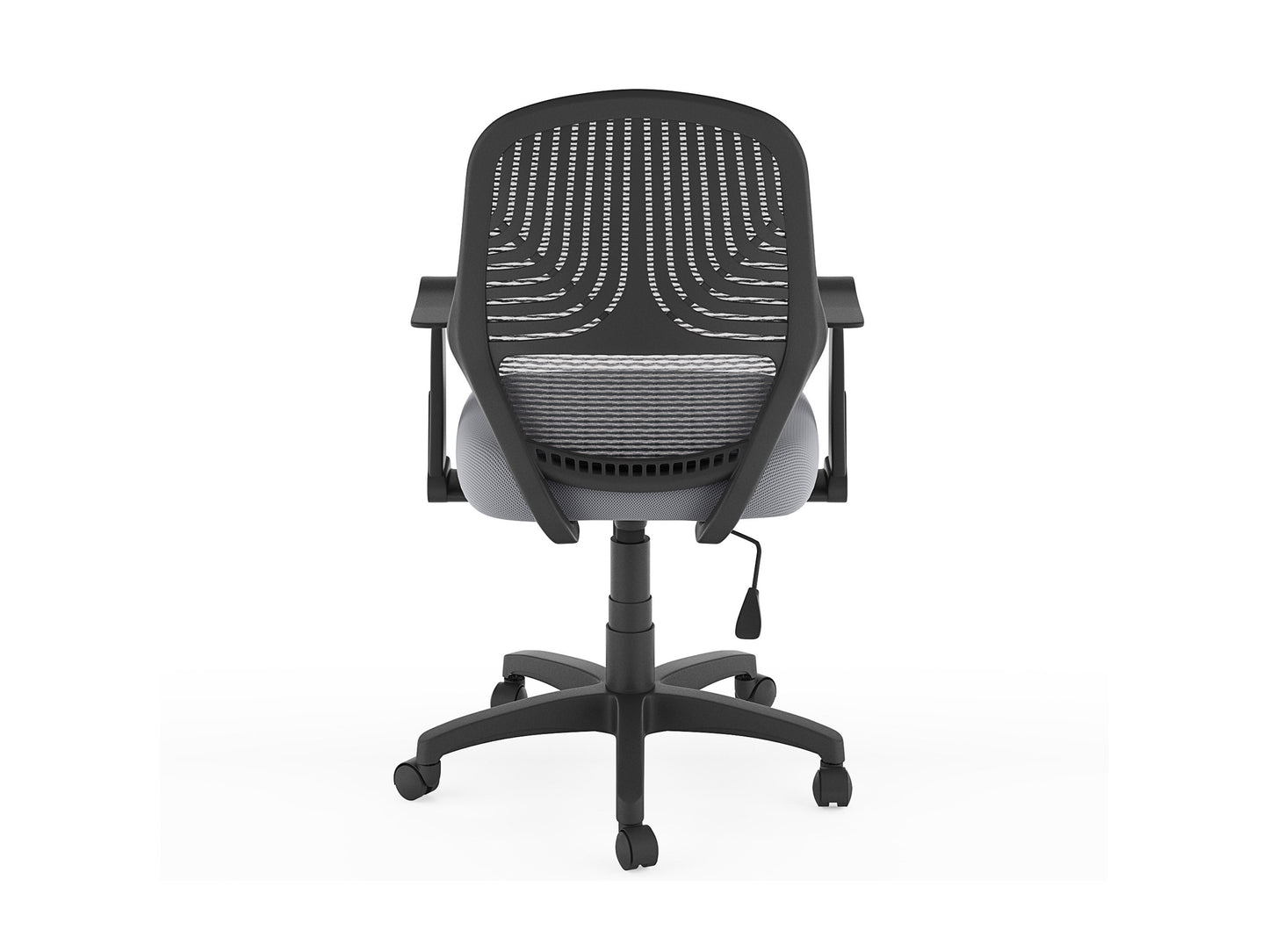 Grey mesh office chair with ergonomic design, adjustable armrests, lumbar support, and swivel base. Ideal for home or office use, providing comfort and breathability for long hours of work.